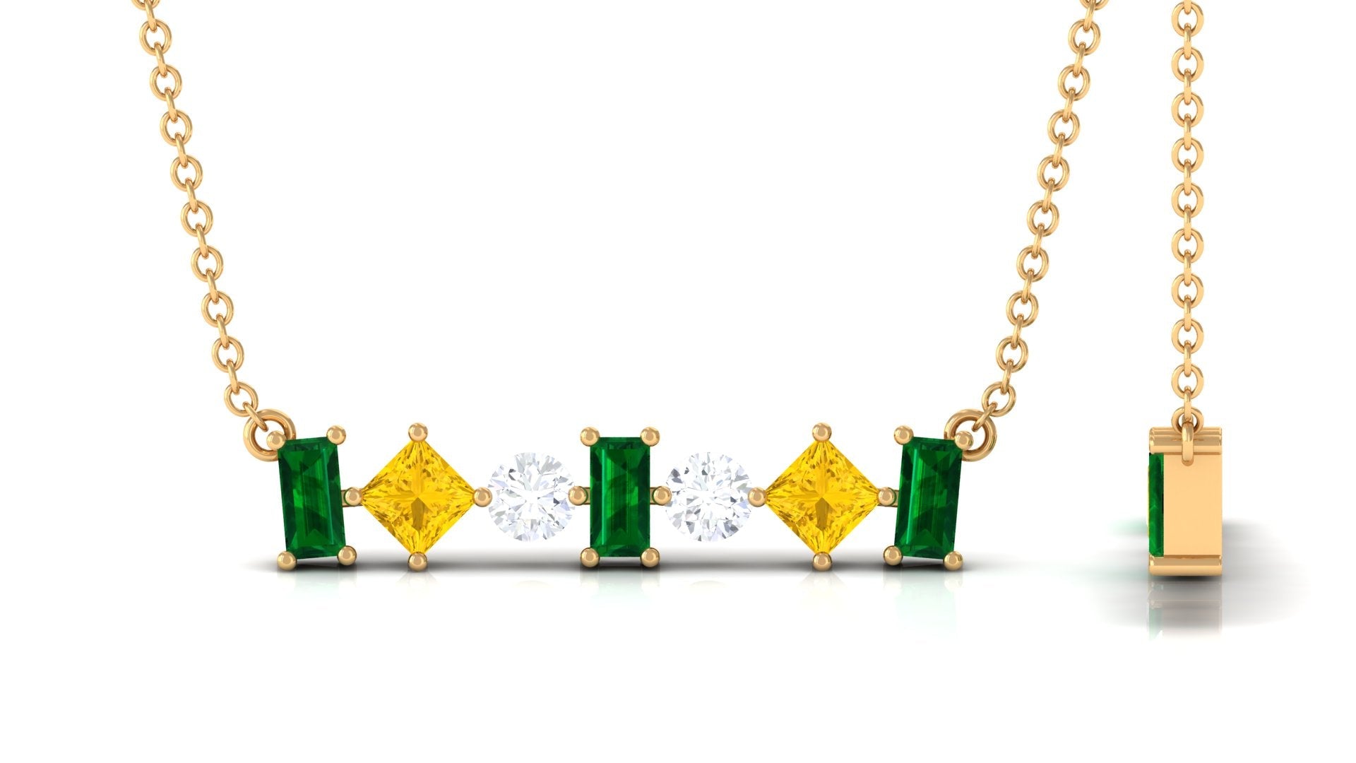 Classic Emerald and Yellow Sapphire Bar Necklace with Moissanite in Gold