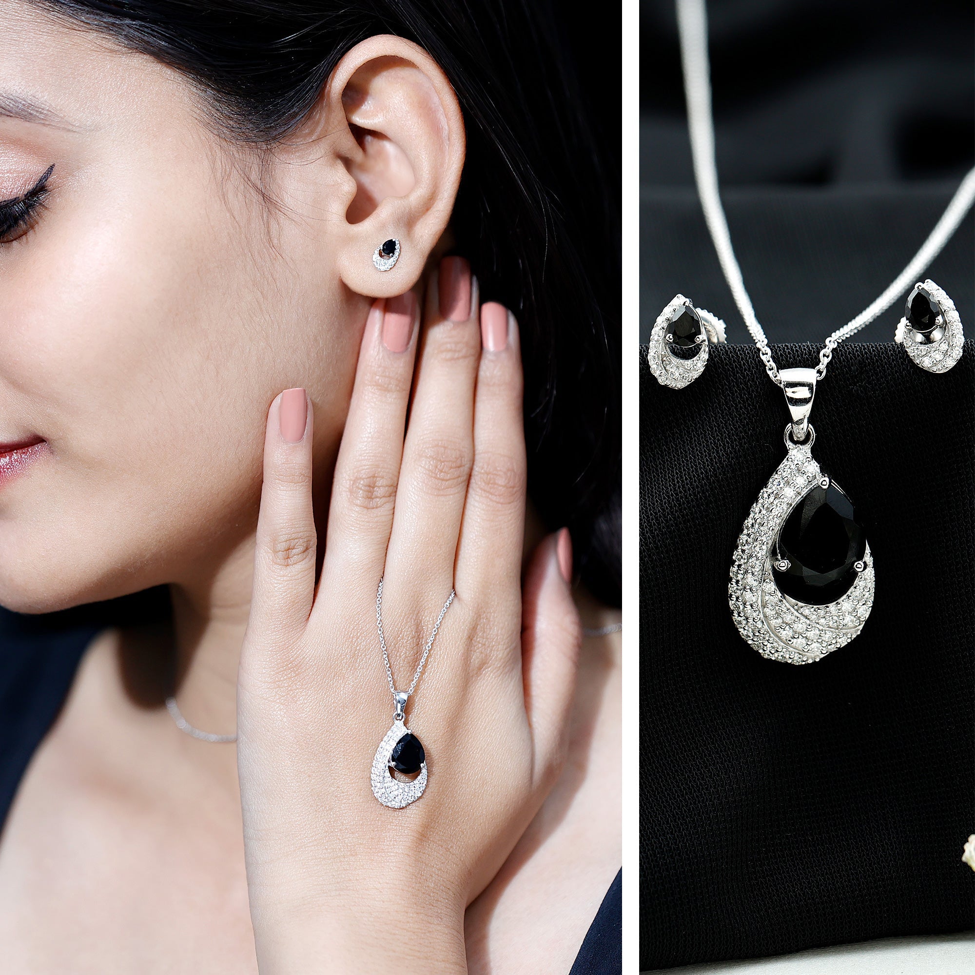 Natural 3 Carat Black Onyx Teardrop Necklace and Earrings Set with Certificate
