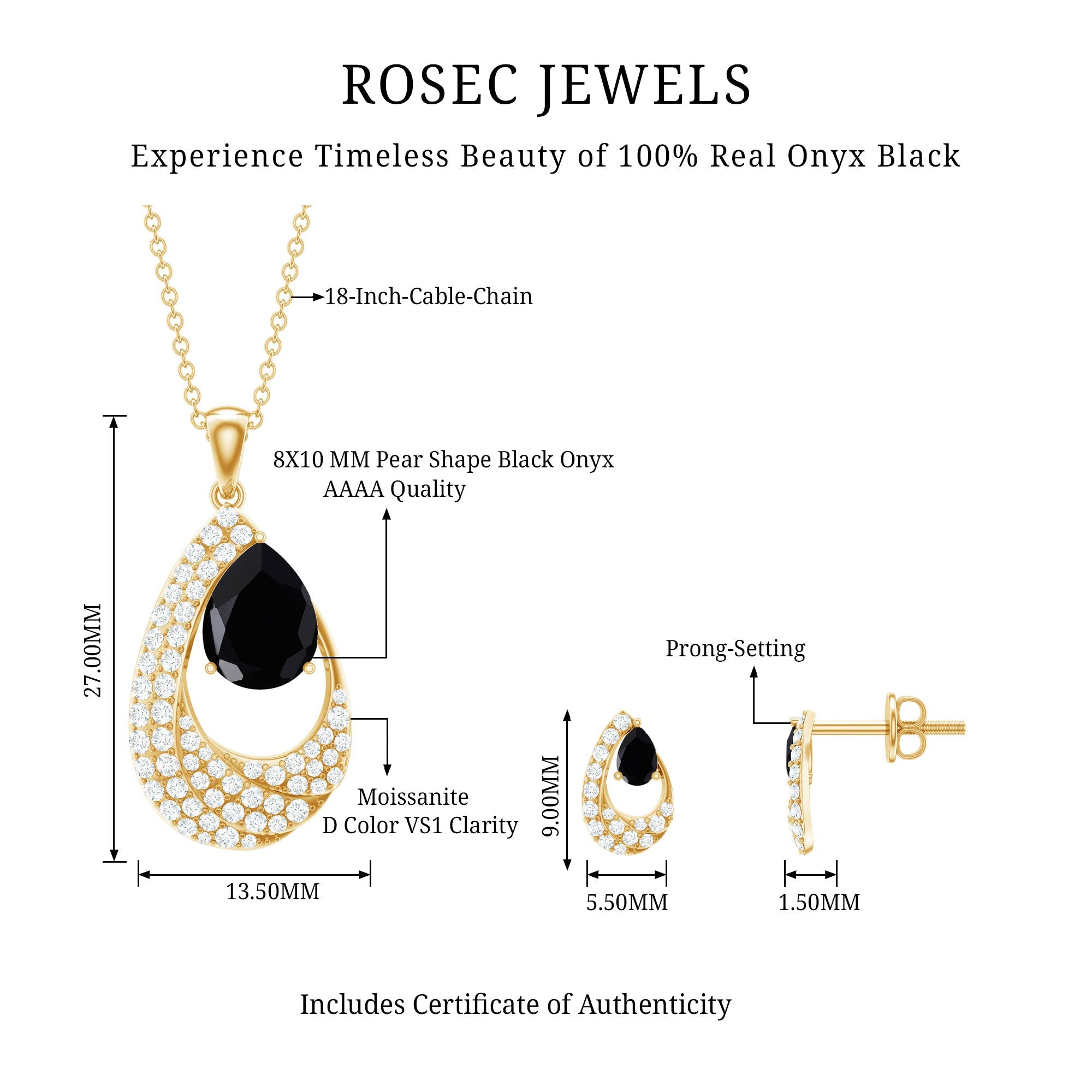 Natural 3 Carat Black Onyx Teardrop Necklace and Earrings Set with Certificate