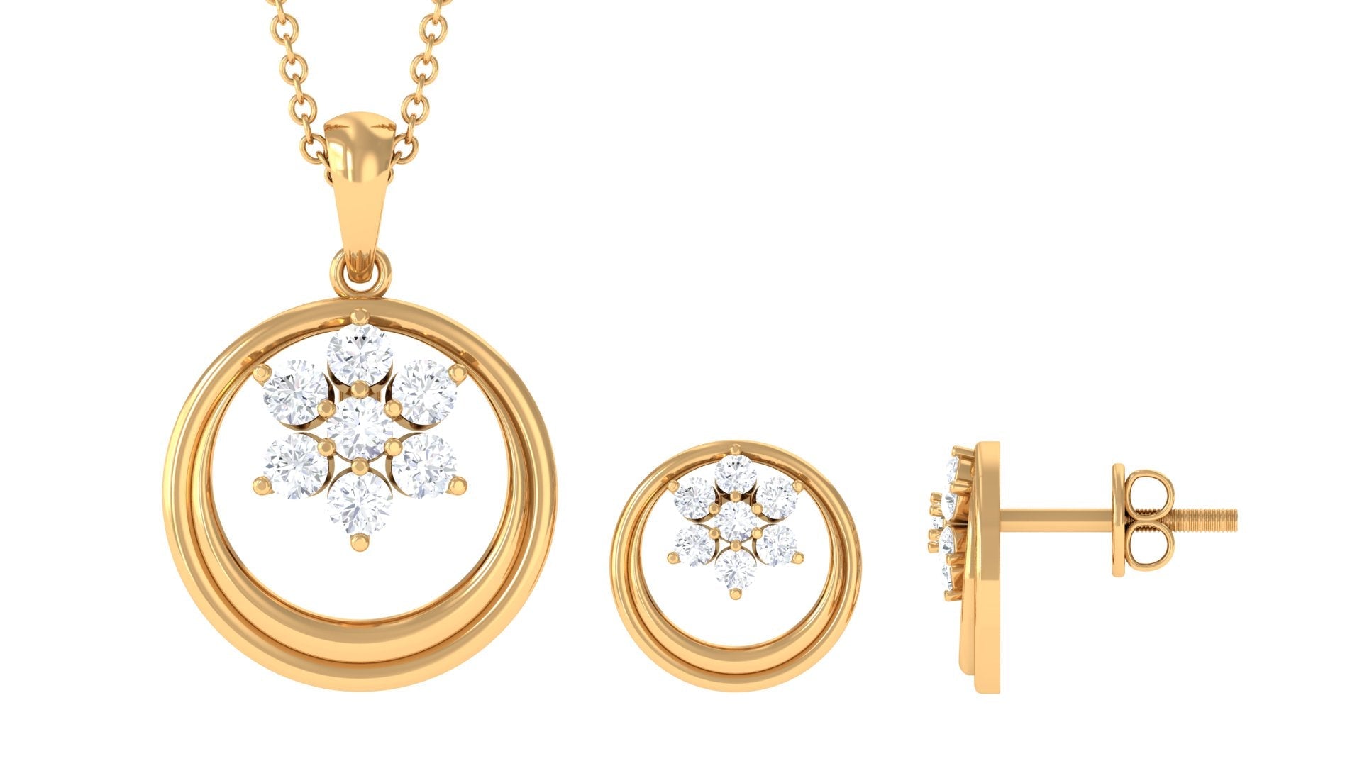 1 CT Real Diamond Floral Pendant Necklace and Stud Earring Set