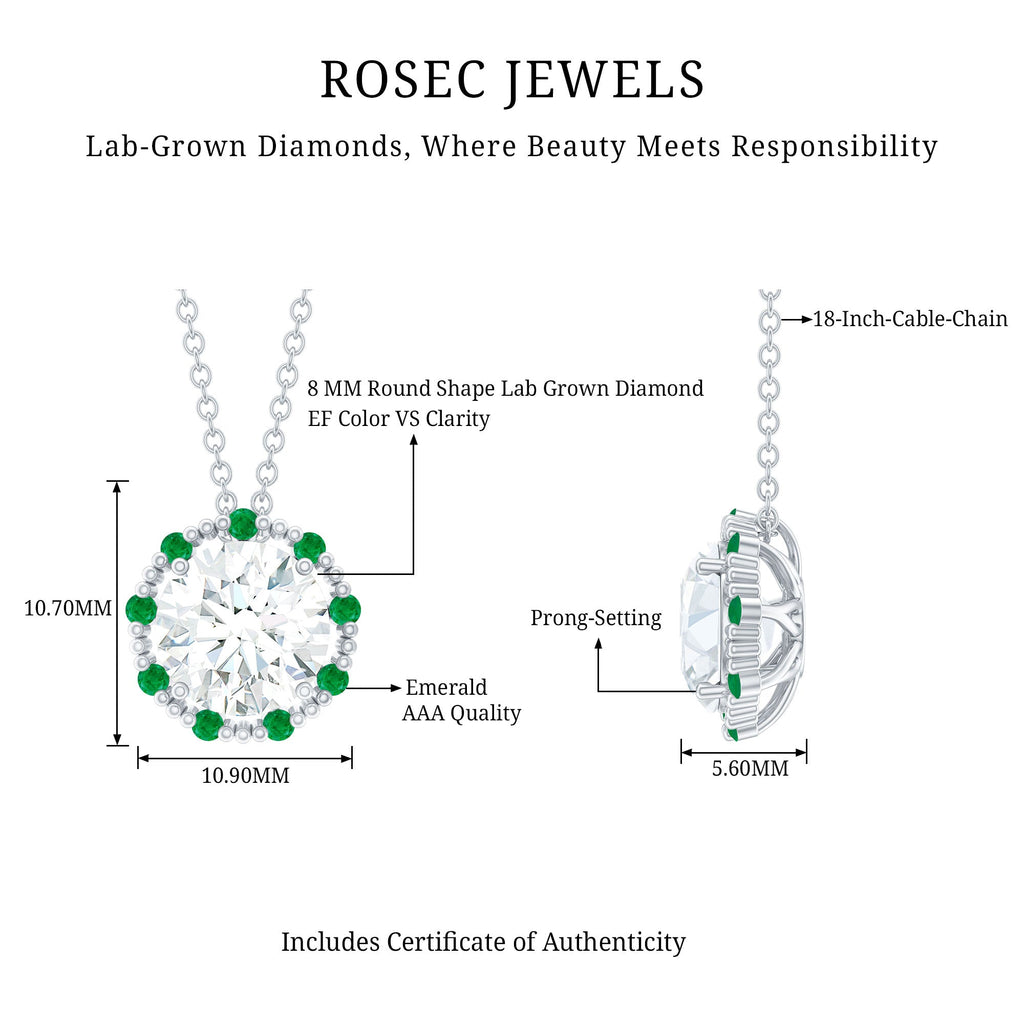 Certified Lab 8 MM Round Diamond Halo Necklace With Emerald