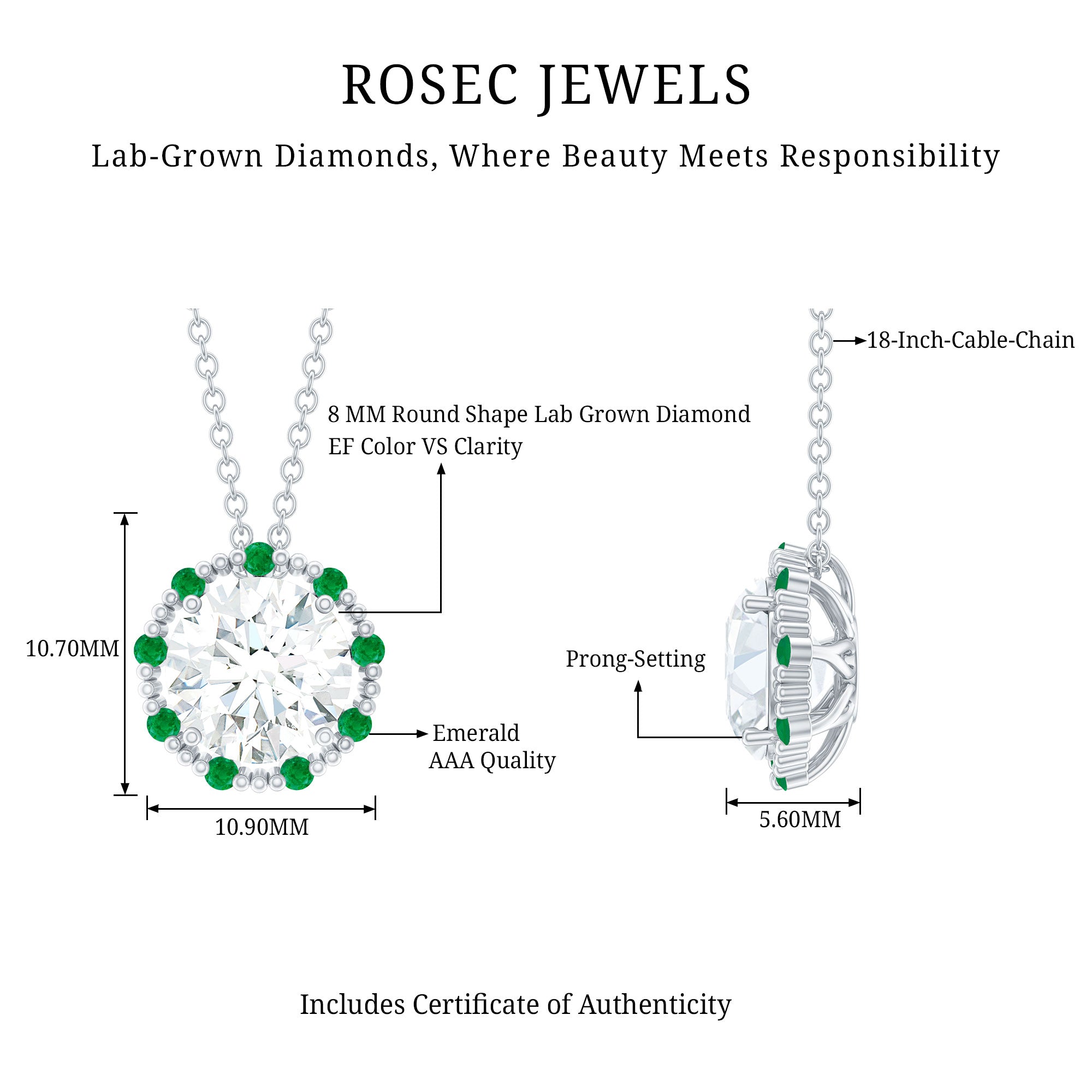 Certified Lab 8 MM Round Diamond Halo Necklace With Emerald