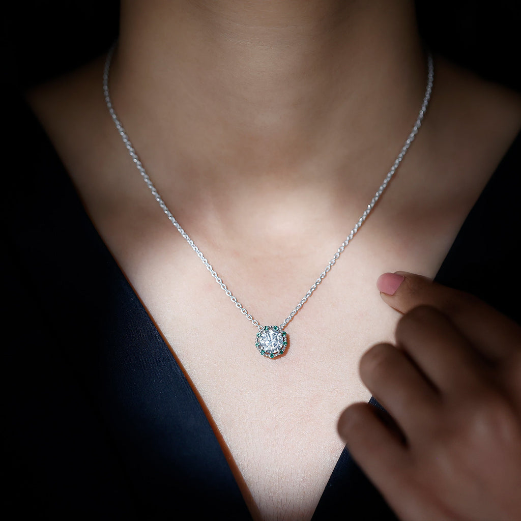 Certified Lab 8 MM Round Diamond Halo Necklace With Emerald
