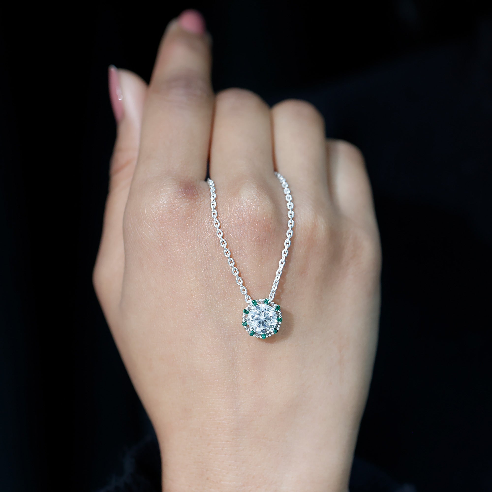 Certified Lab 8 MM Round Diamond Halo Necklace With Emerald