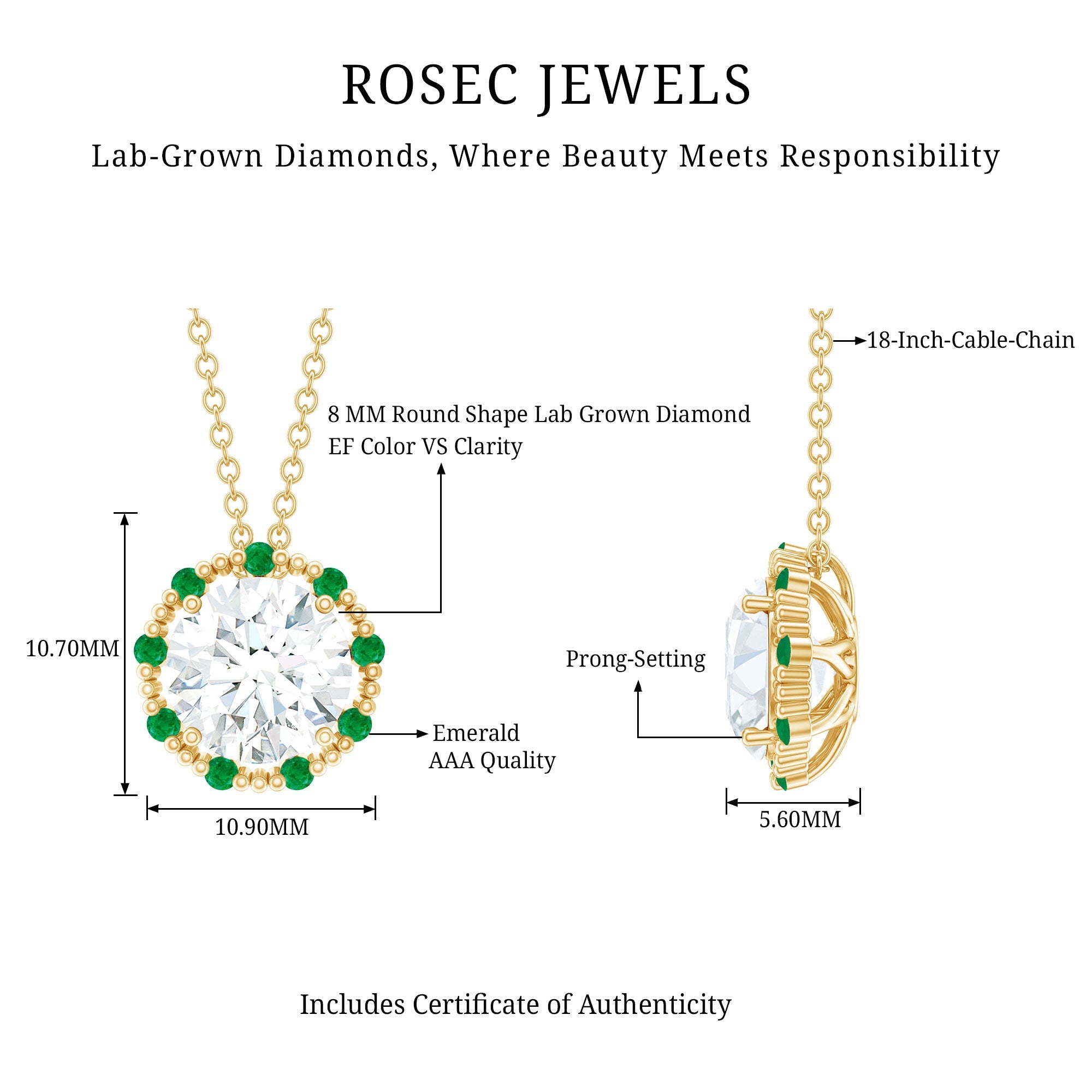 Certified Lab 8 MM Round Diamond Halo Necklace With Emerald