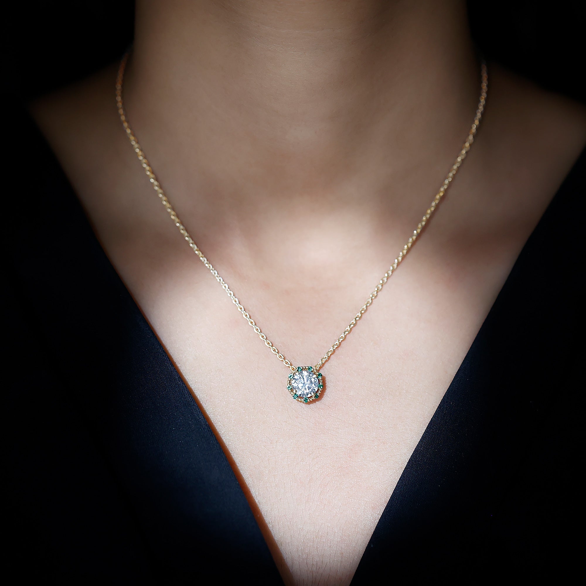 Certified Lab 8 MM Round Diamond Halo Necklace With Emerald