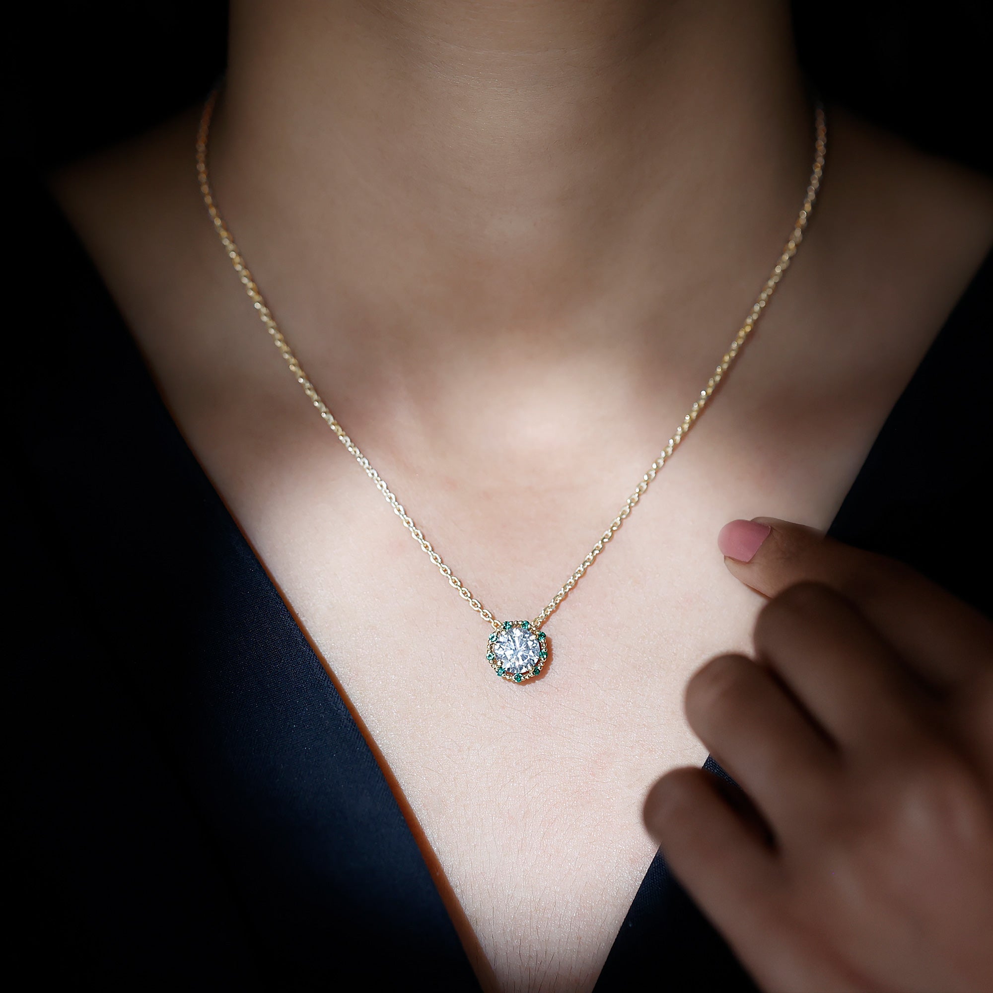Certified Lab 8 MM Round Diamond Halo Necklace With Emerald