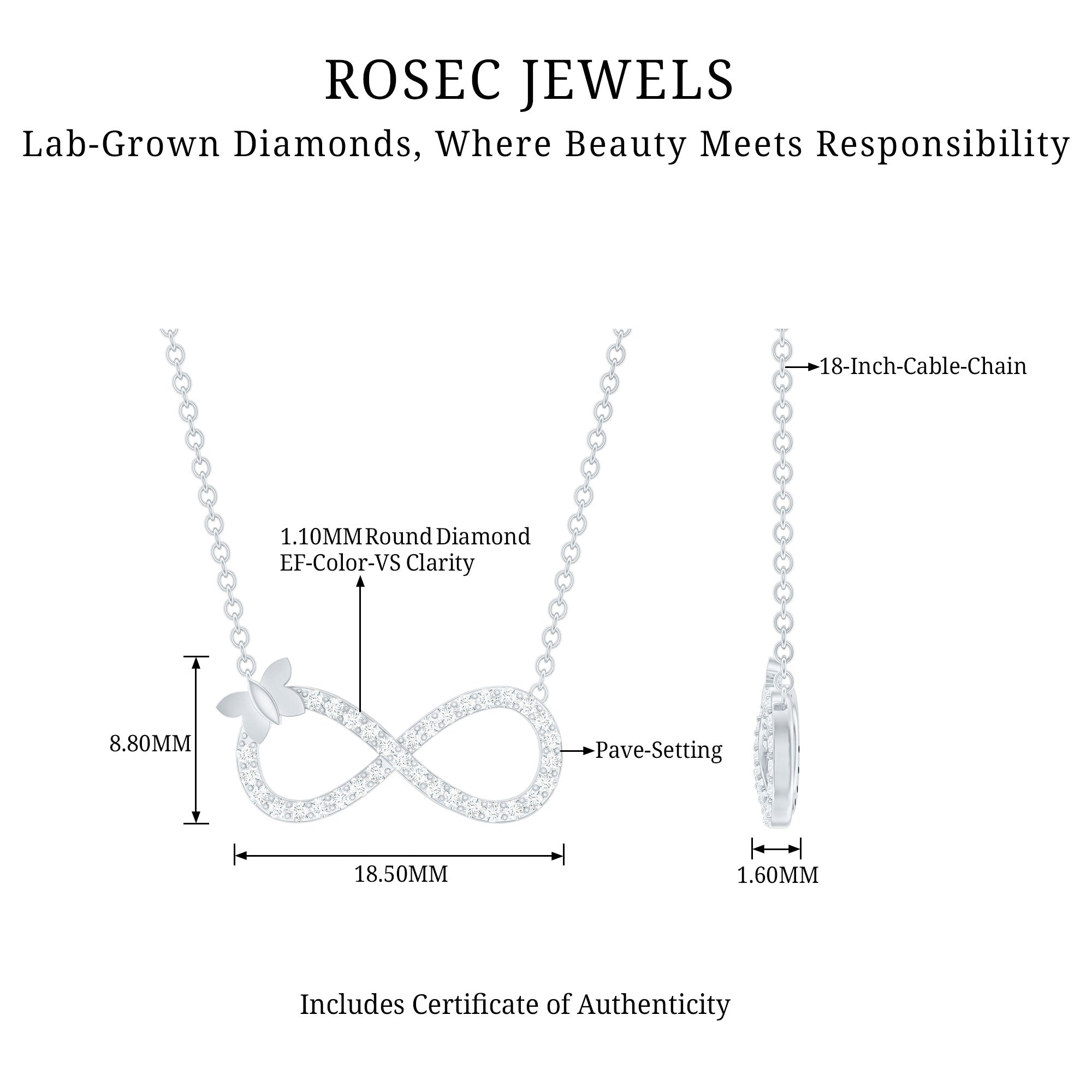Lab Pave Set Diamond Sideways Infinity Butterfly Necklace