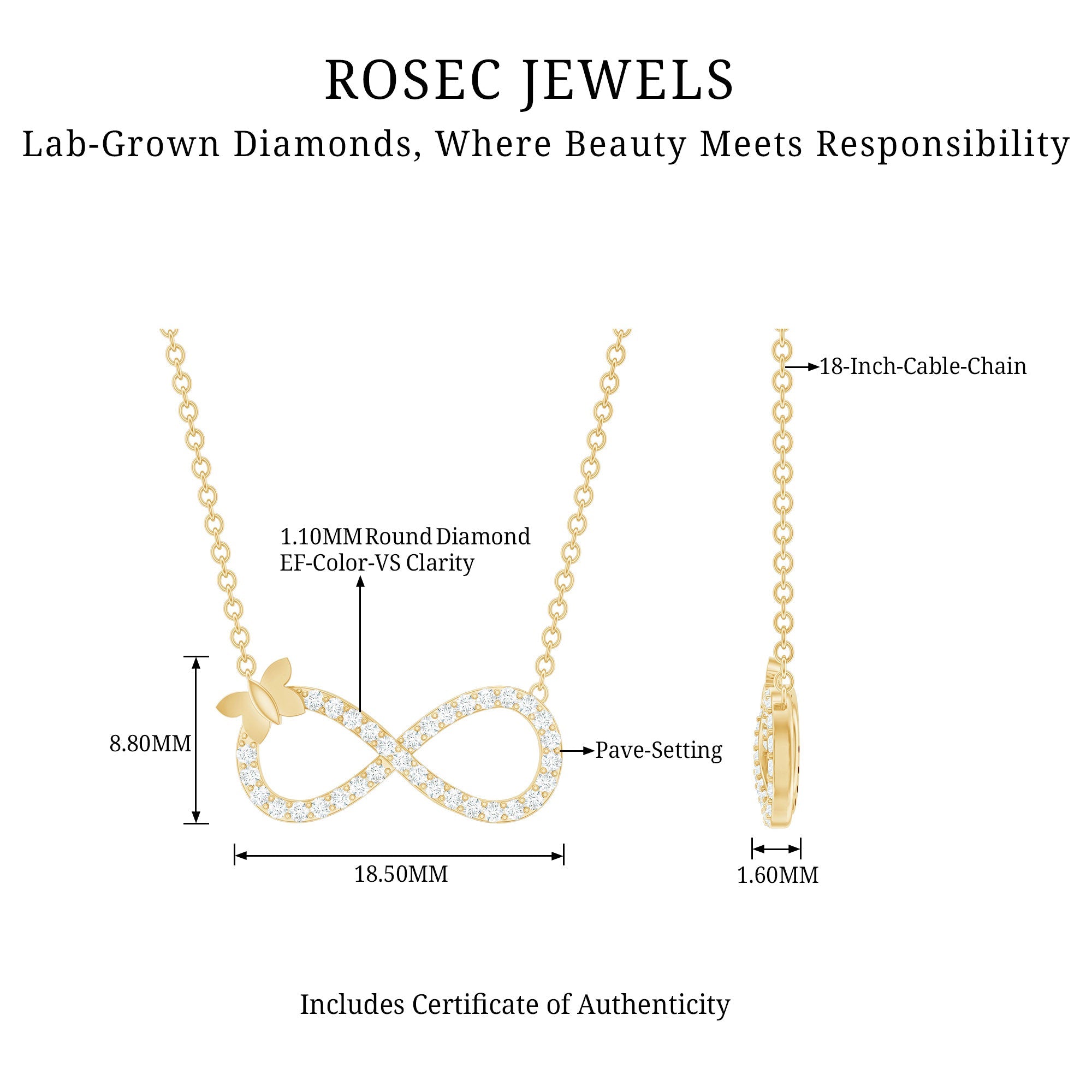 Lab Pave Set Diamond Sideways Infinity Butterfly Necklace
