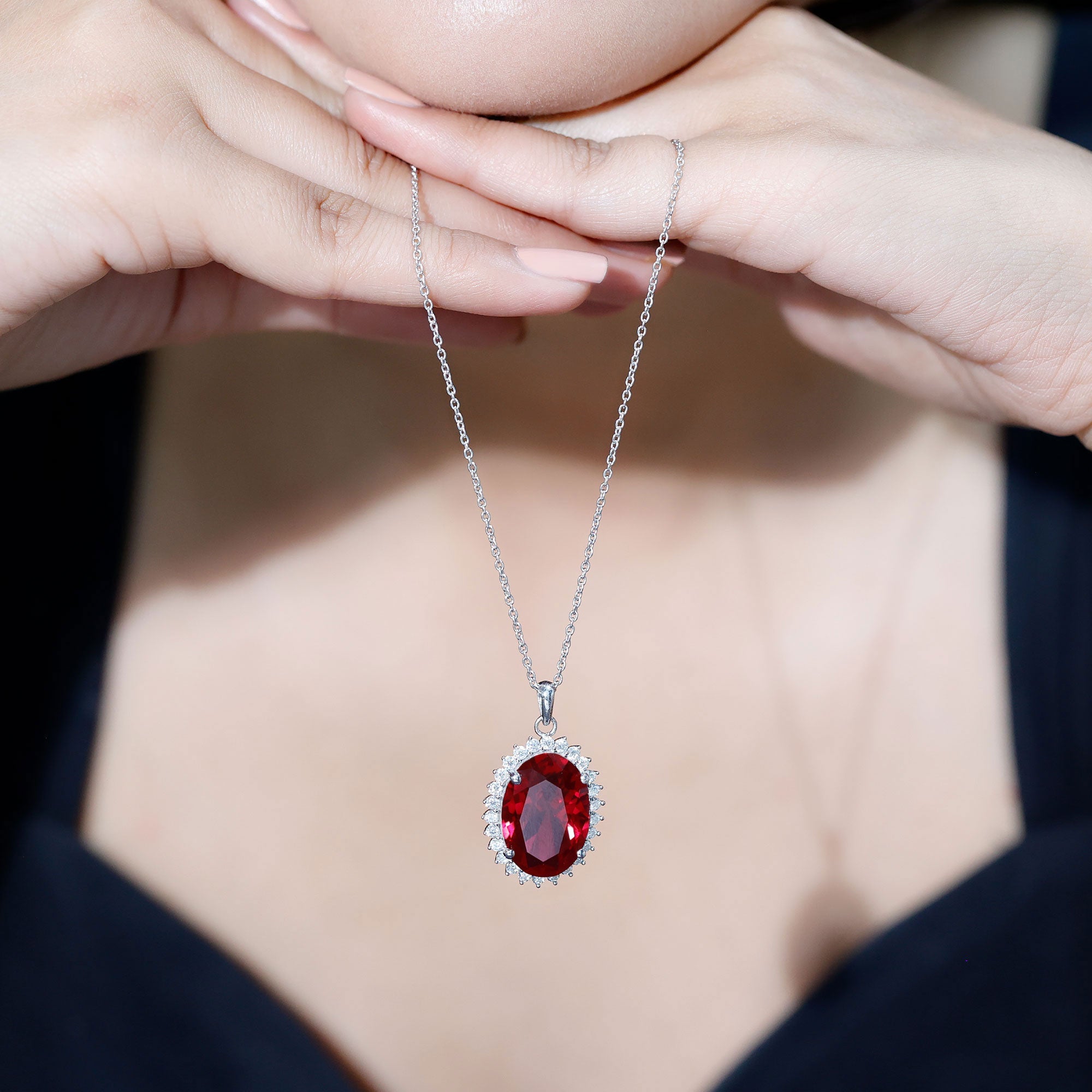 Sterling Silver 14 carat Lab Grown Ruby Oval Necklace with Halo