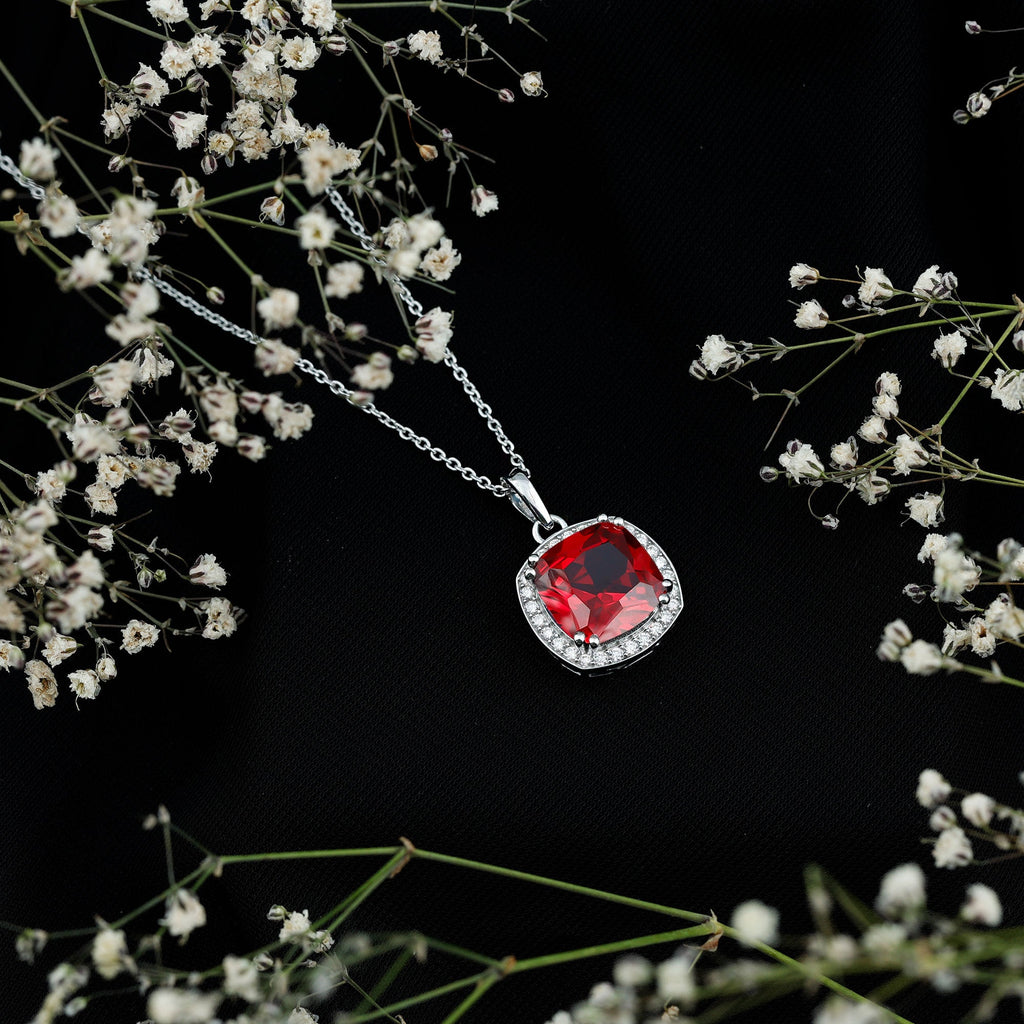 4 Carat Cushion Cut Lab Grown Ruby and Moissanite Halo Pendant Necklace