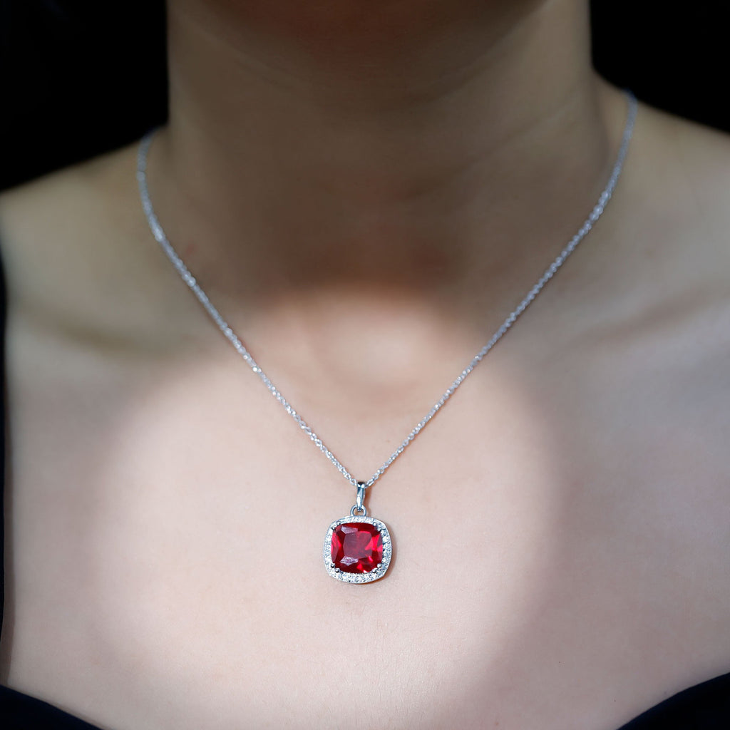4 Carat Cushion Cut Lab Grown Ruby and Moissanite Halo Pendant Necklace