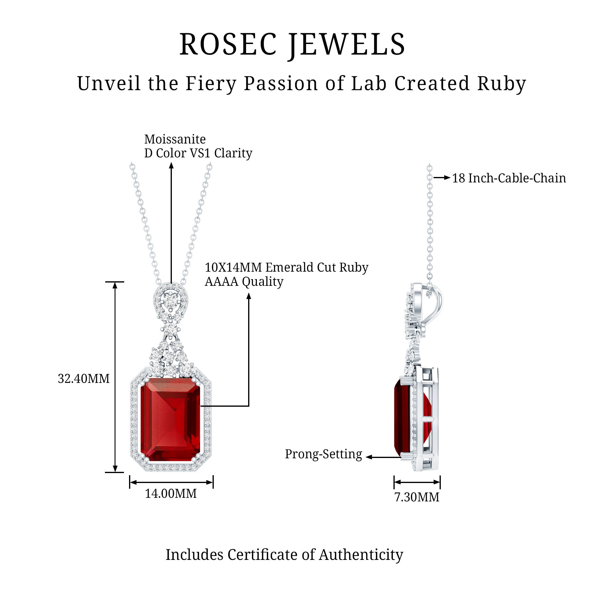 Certified 5 Carat Lab Grown Ruby Vintage Necklace With Silver Chain