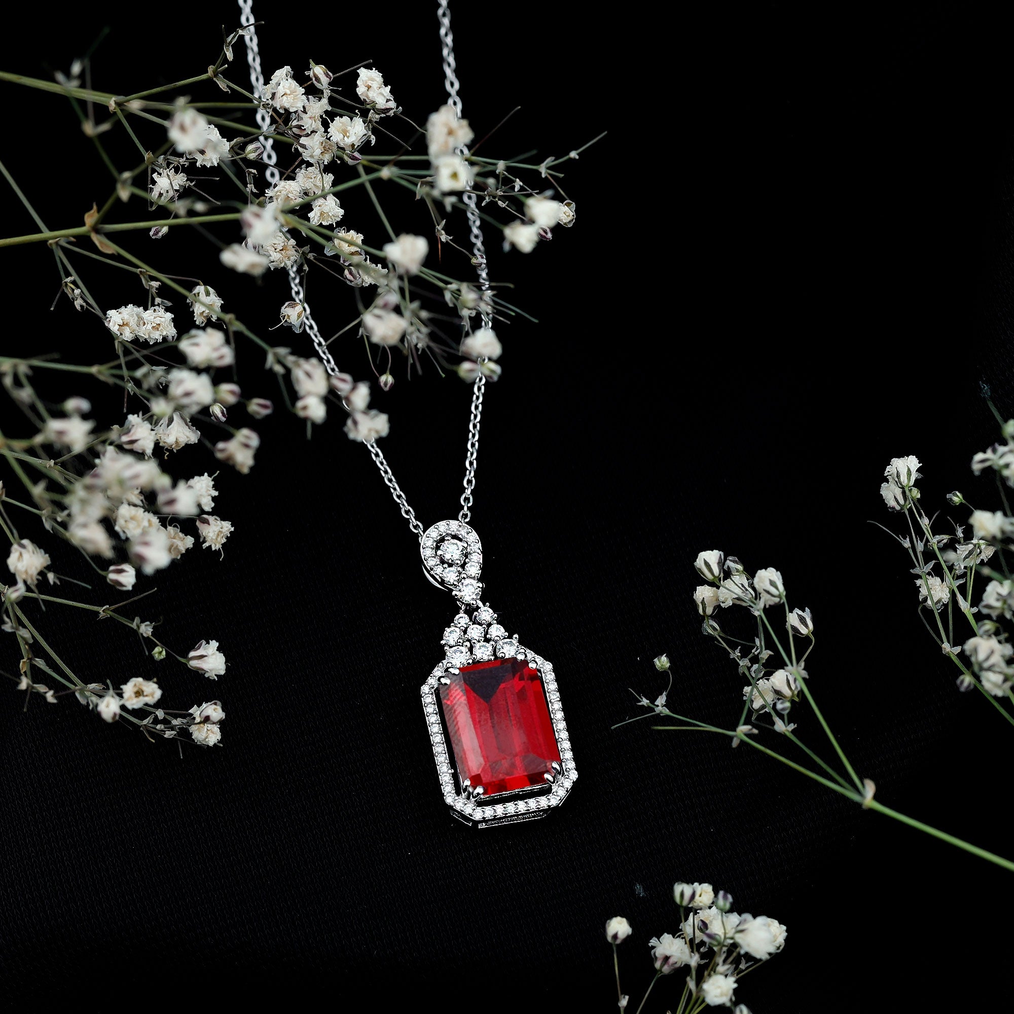 Certified 5 Carat Lab Grown Ruby Vintage Necklace With Silver Chain