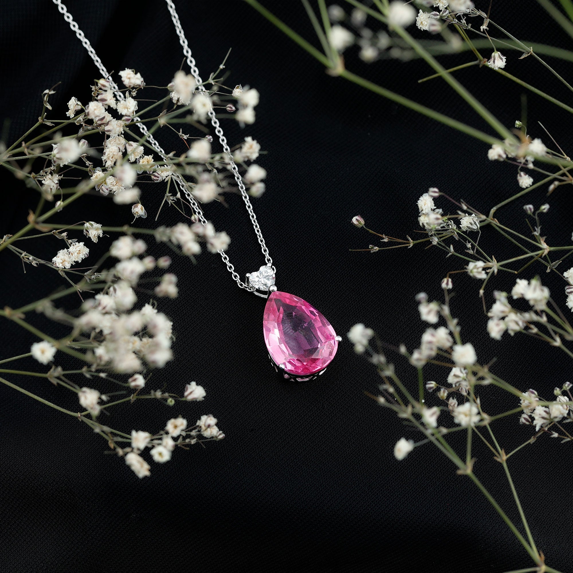 9 Carat Lab Grown Pink Sapphire Teardrop Necklace with Silver Chain