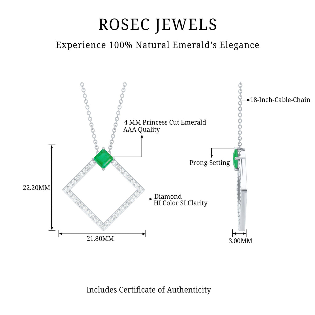 Princess Cut Emerald and Diamond Square Necklace