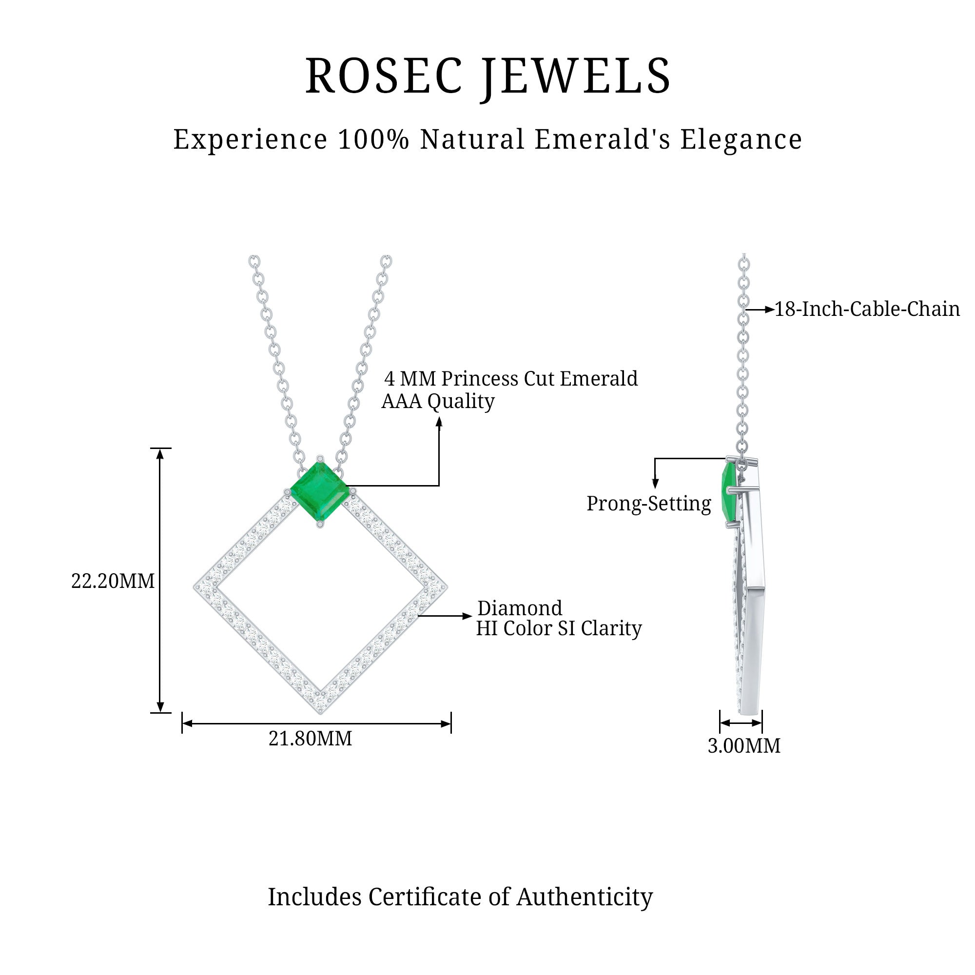 Princess Cut Emerald and Diamond Square Necklace