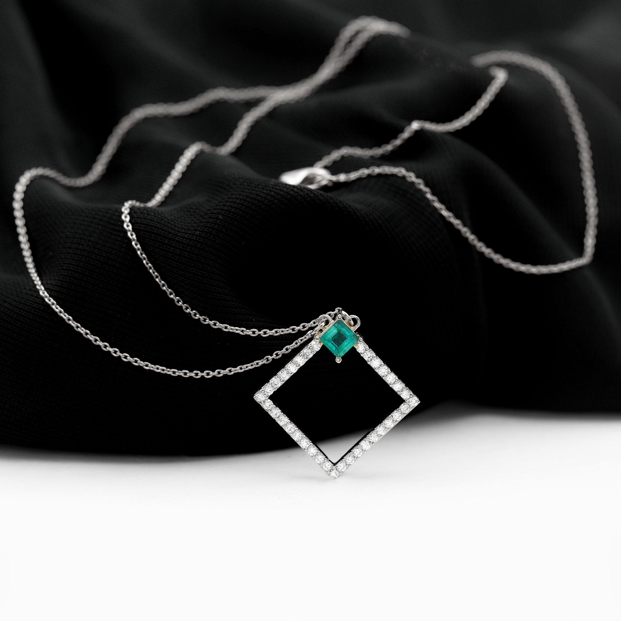 Princess Cut Emerald and Diamond Square Necklace
