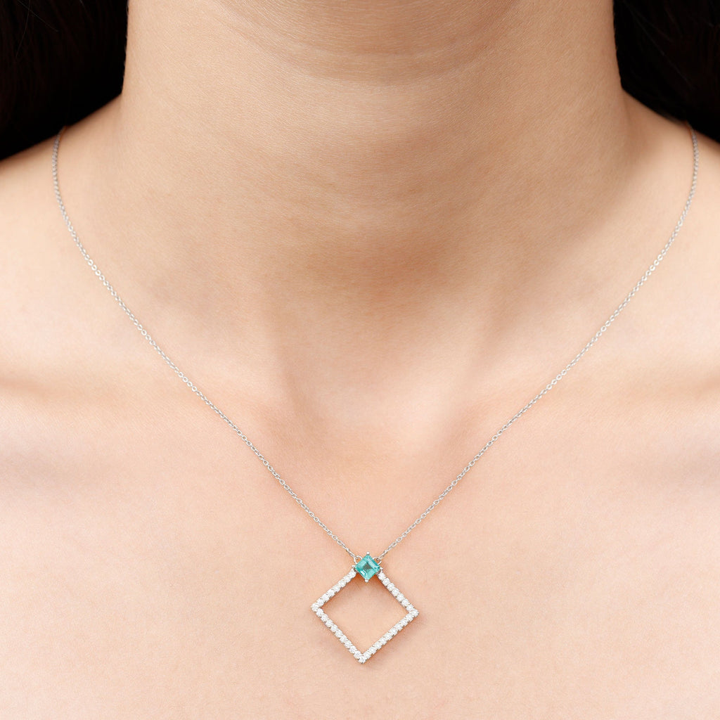 Princess Cut Emerald and Diamond Square Necklace
