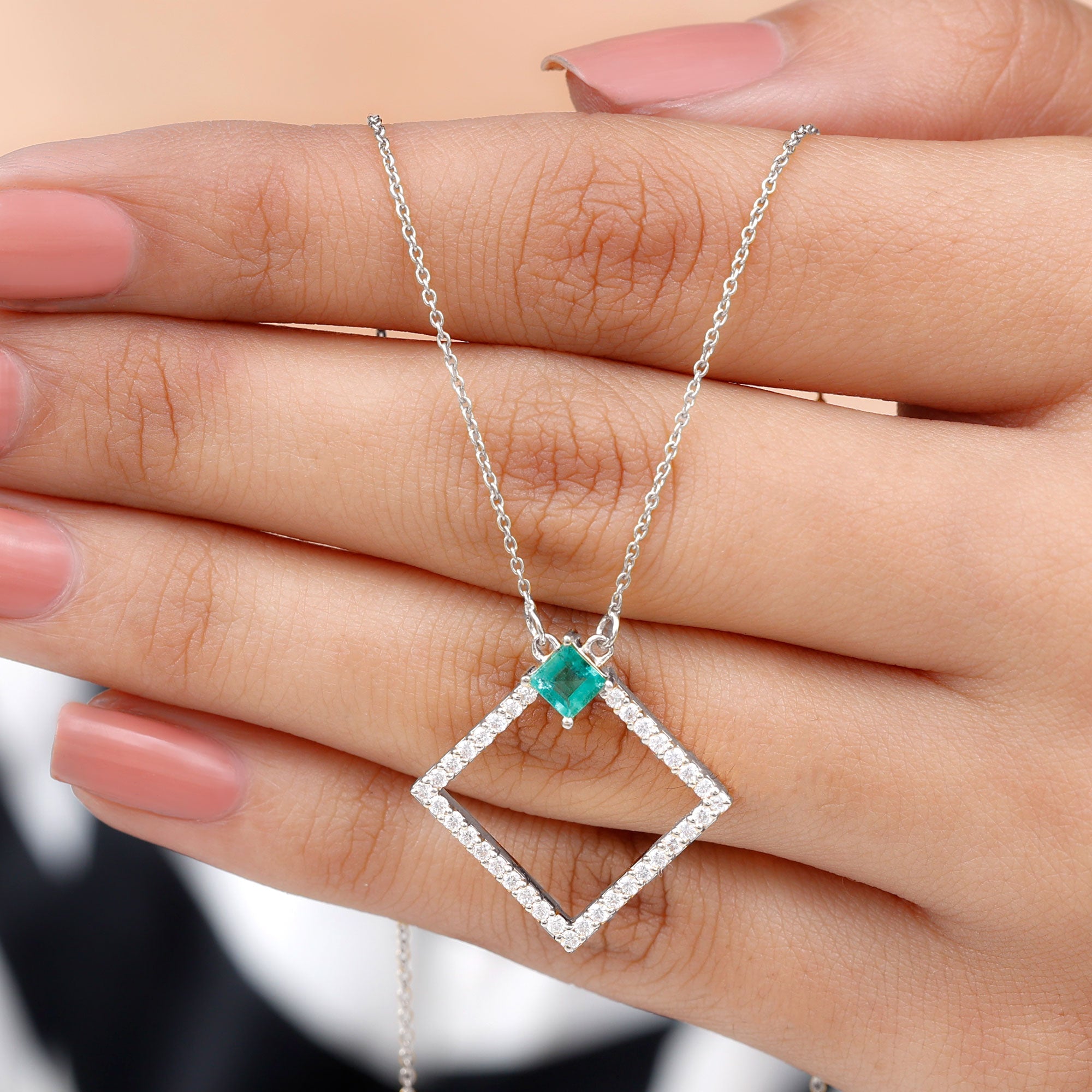 Princess Cut Emerald and Diamond Square Necklace