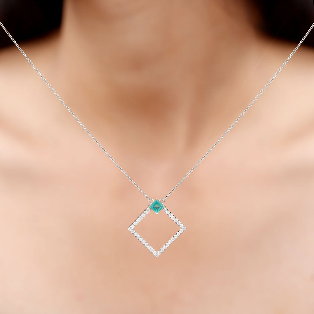 Princess Cut Emerald and Diamond Square Necklace
