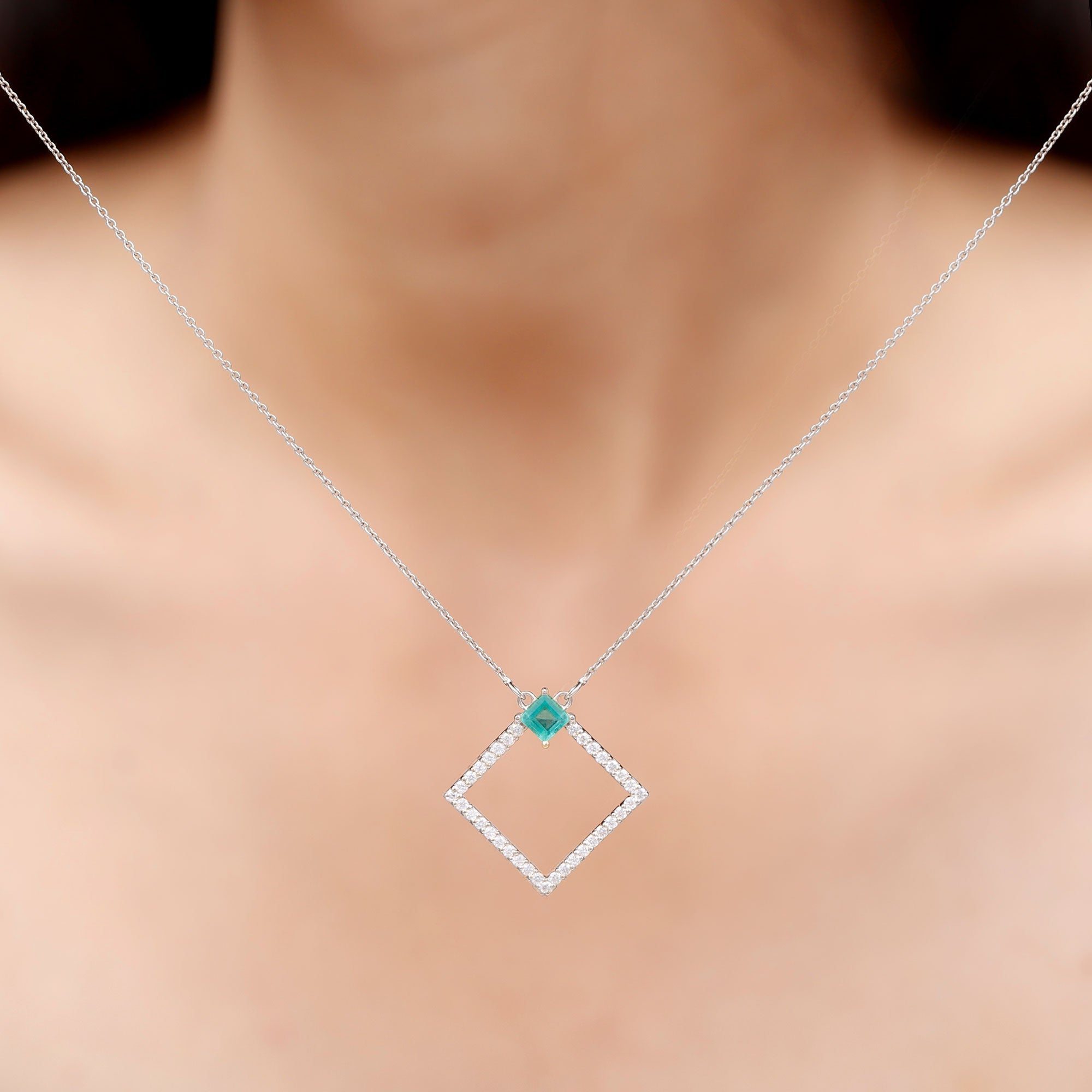Princess Cut Emerald and Diamond Square Necklace
