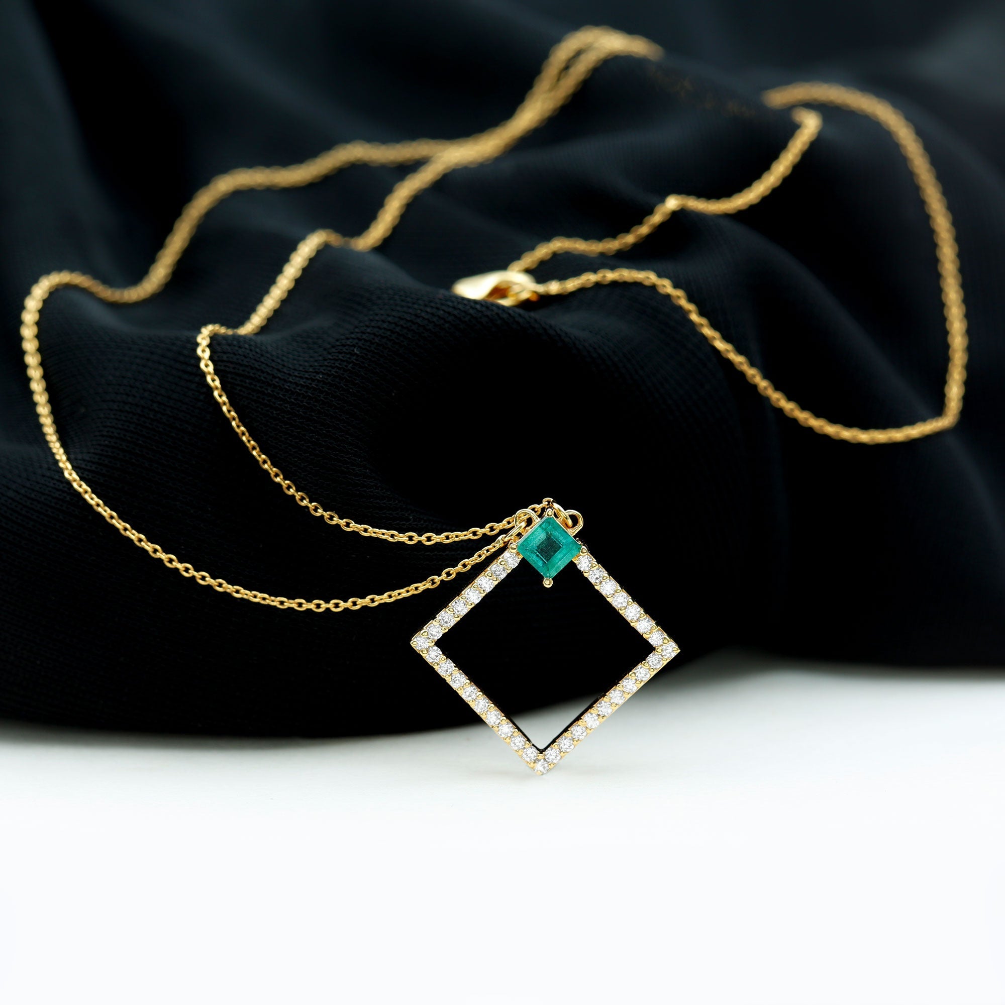 Princess Cut Emerald and Diamond Square Necklace