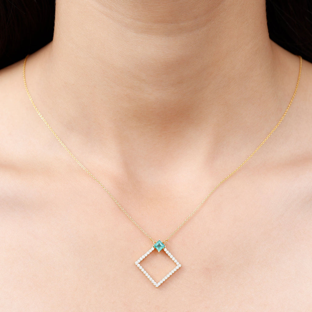 Princess Cut Emerald and Diamond Square Necklace