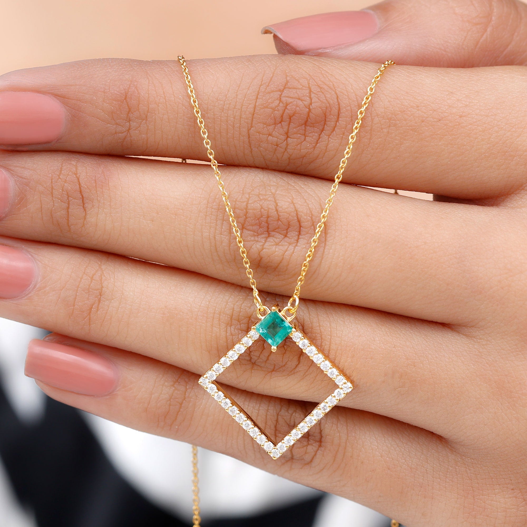 Princess Cut Emerald and Diamond Square Necklace