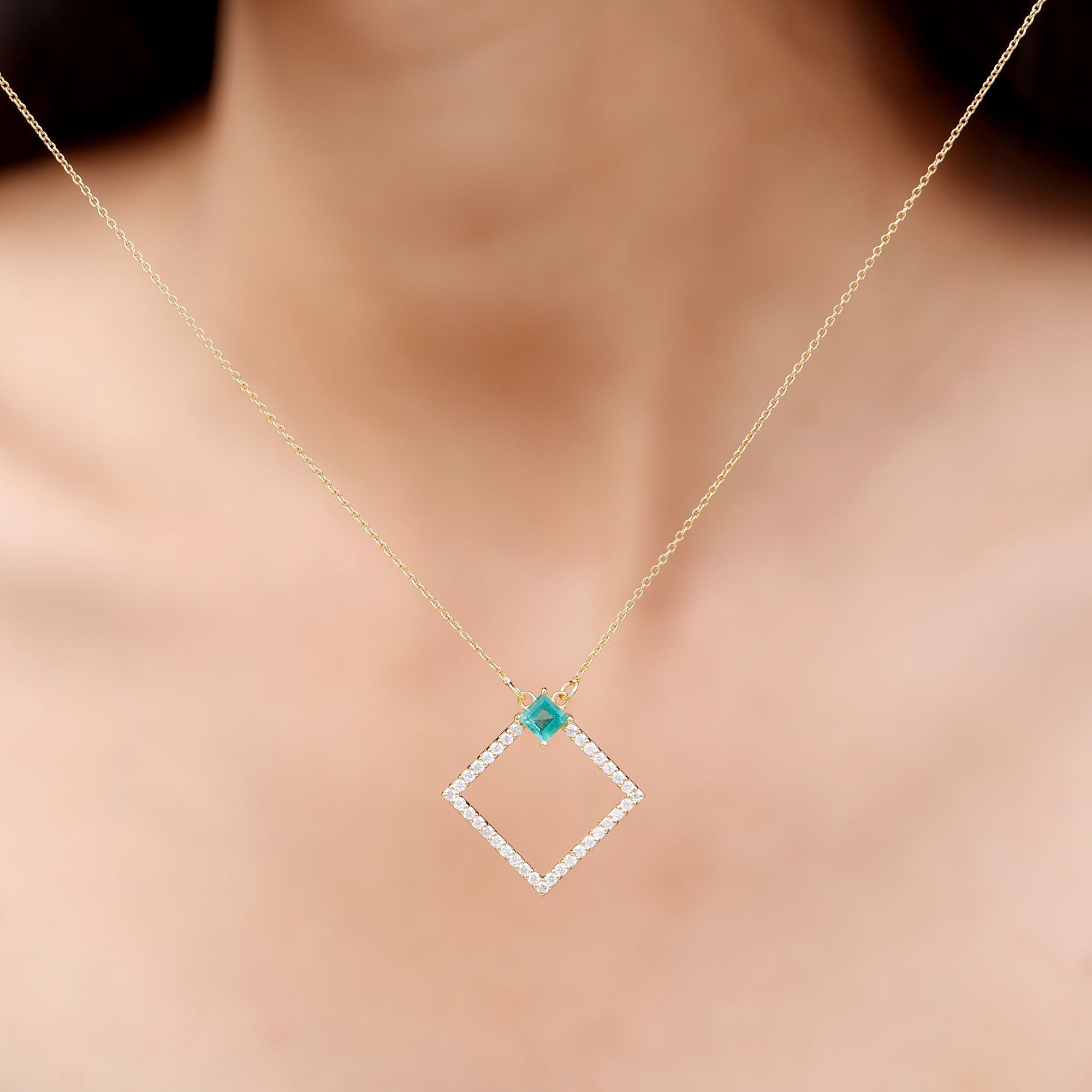 Princess Cut Emerald and Diamond Square Necklace