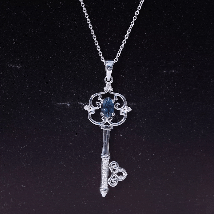 Vintage Key Necklace with London Blue Topaz and Diamond