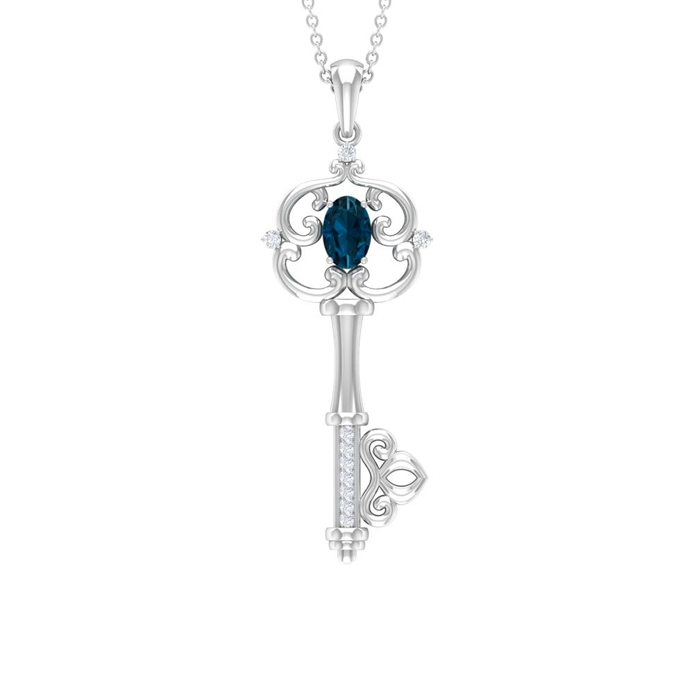 Vintage Key Necklace with London Blue Topaz and Diamond
