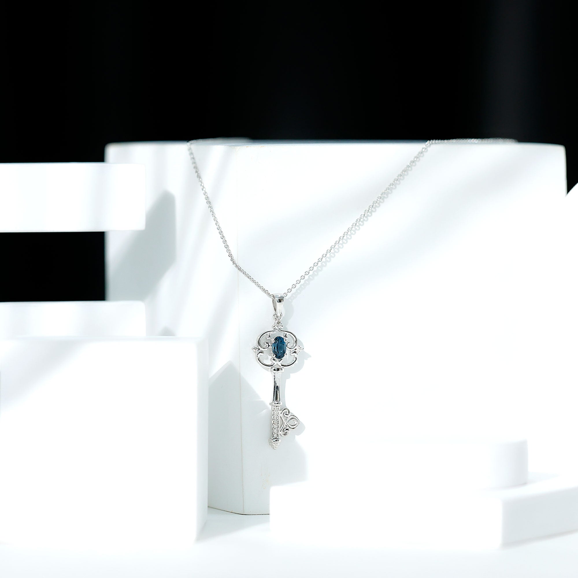 Vintage Key Necklace with London Blue Topaz and Diamond