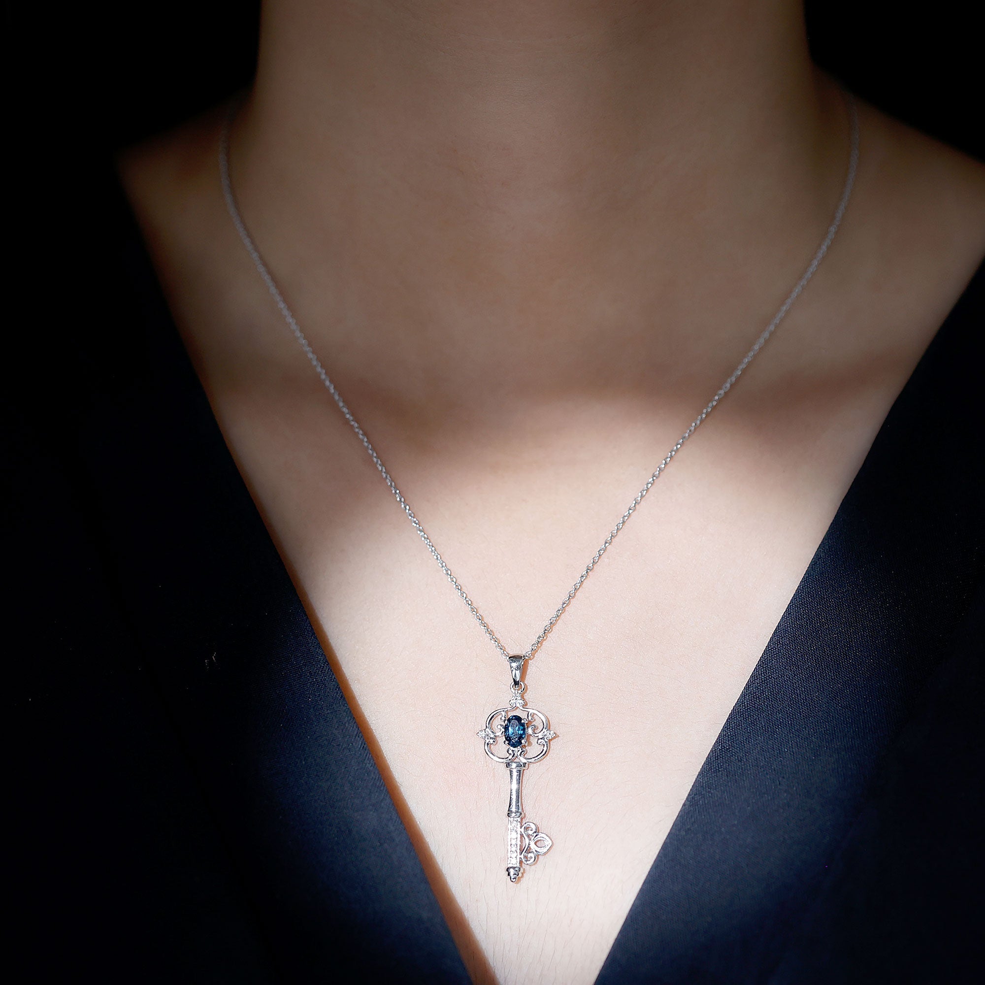 Vintage Key Necklace with London Blue Topaz and Diamond