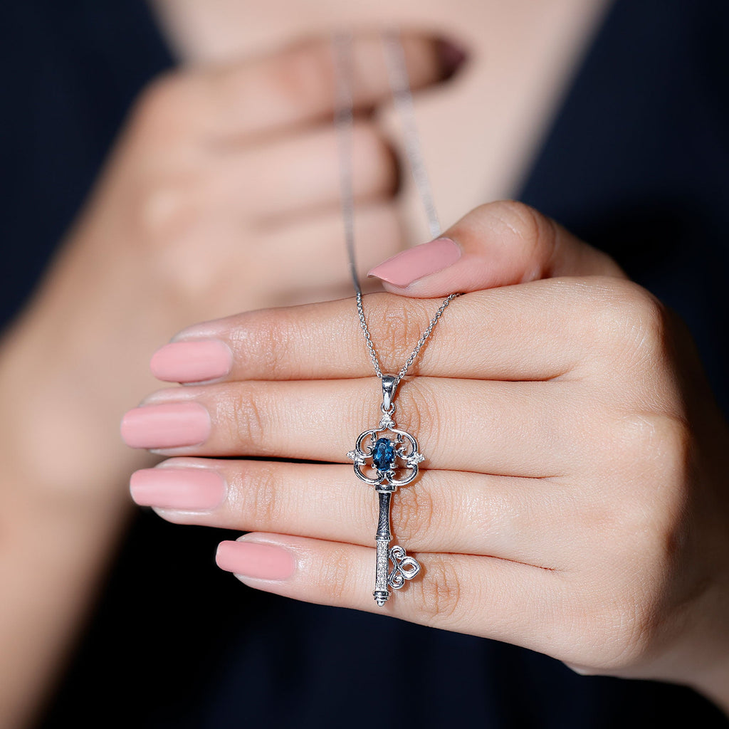 Vintage Key Necklace with London Blue Topaz and Diamond