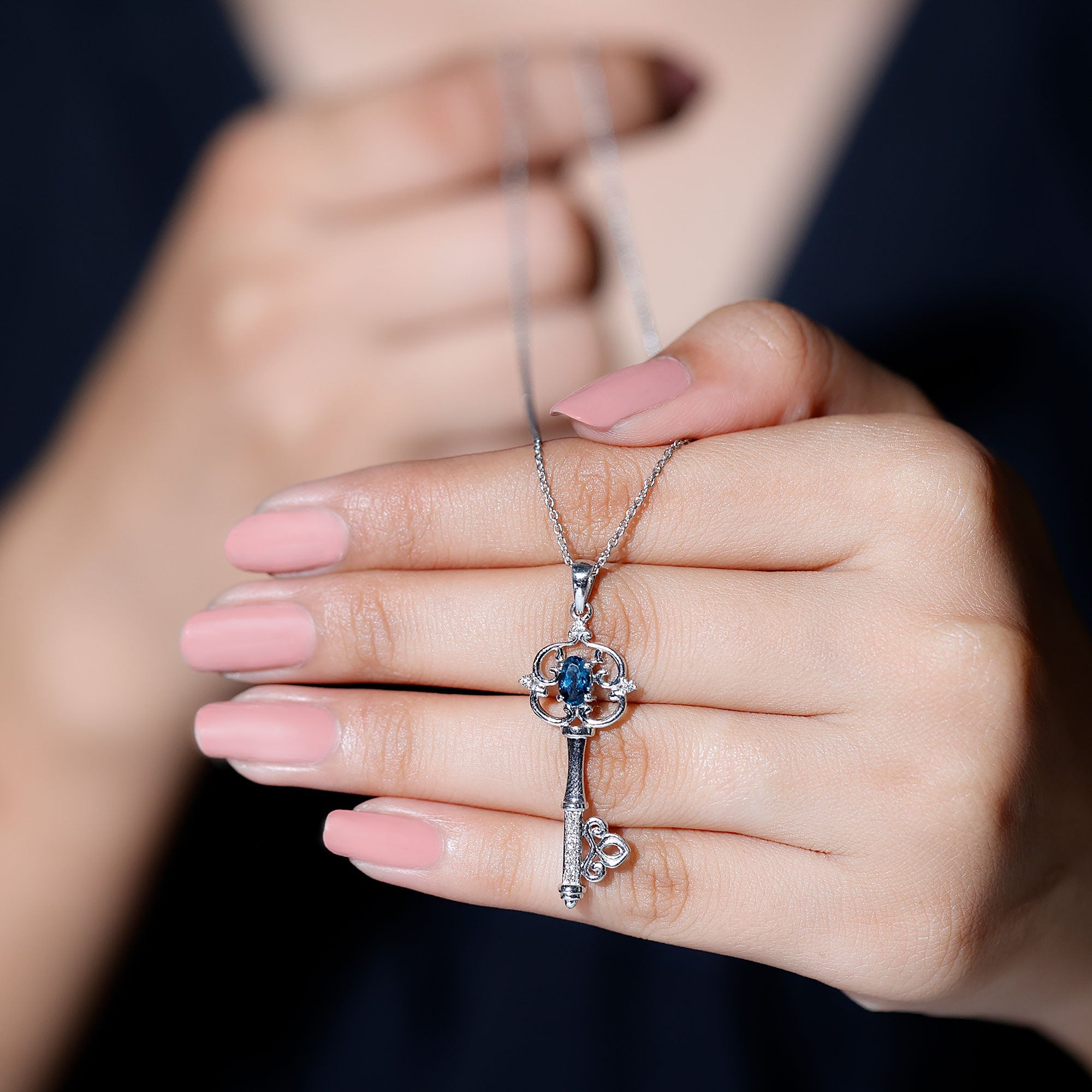Vintage Key Necklace with London Blue Topaz and Diamond