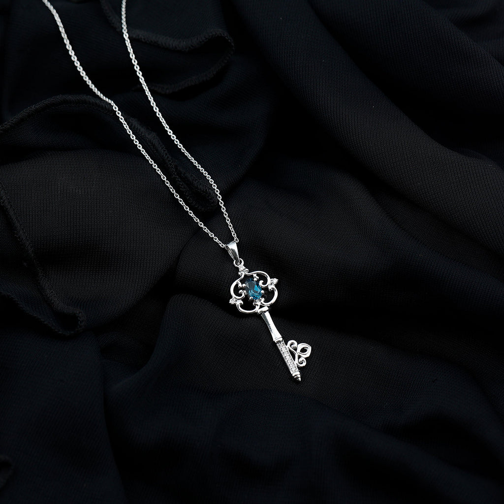 Vintage Key Necklace with London Blue Topaz and Diamond