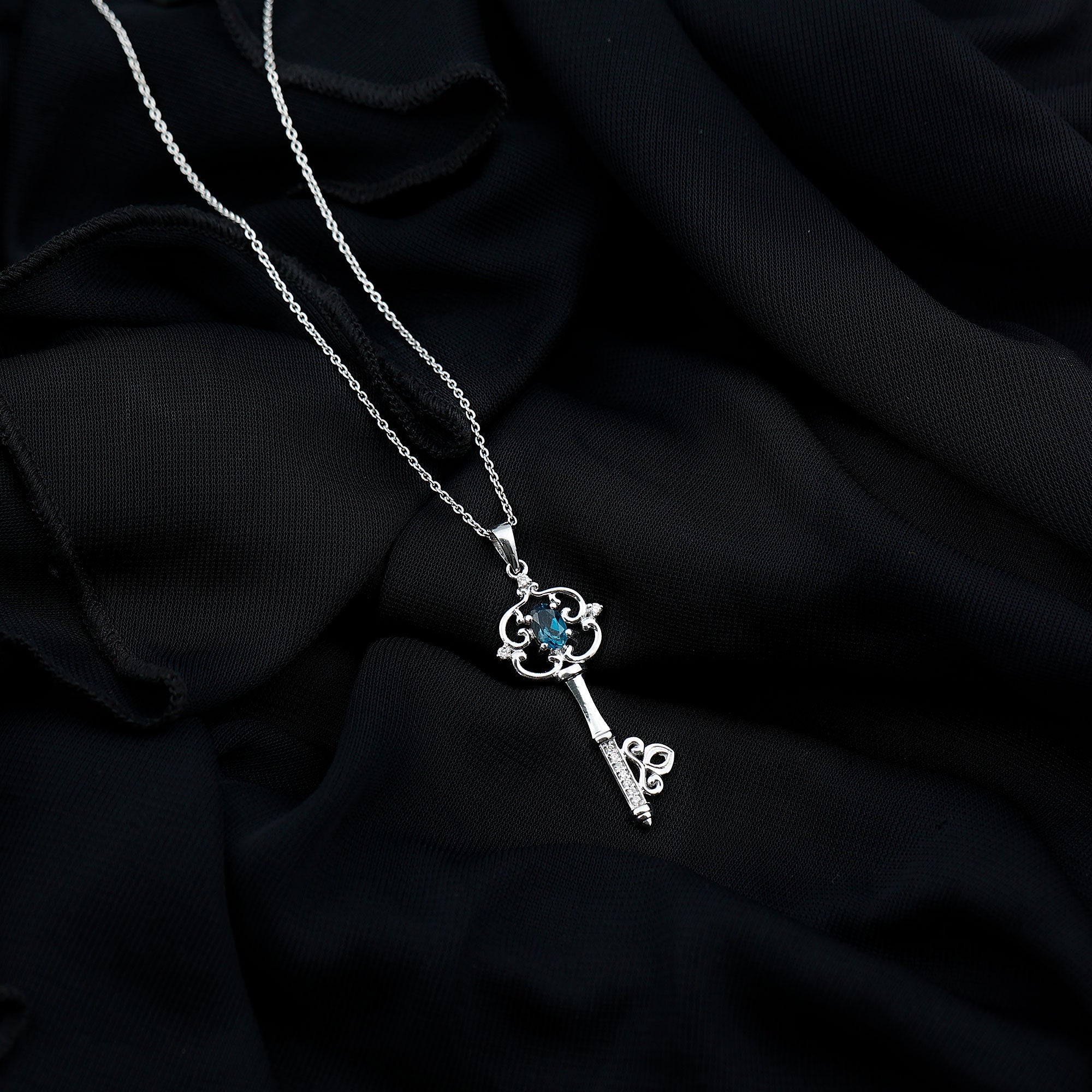 Vintage Key Necklace with London Blue Topaz and Diamond