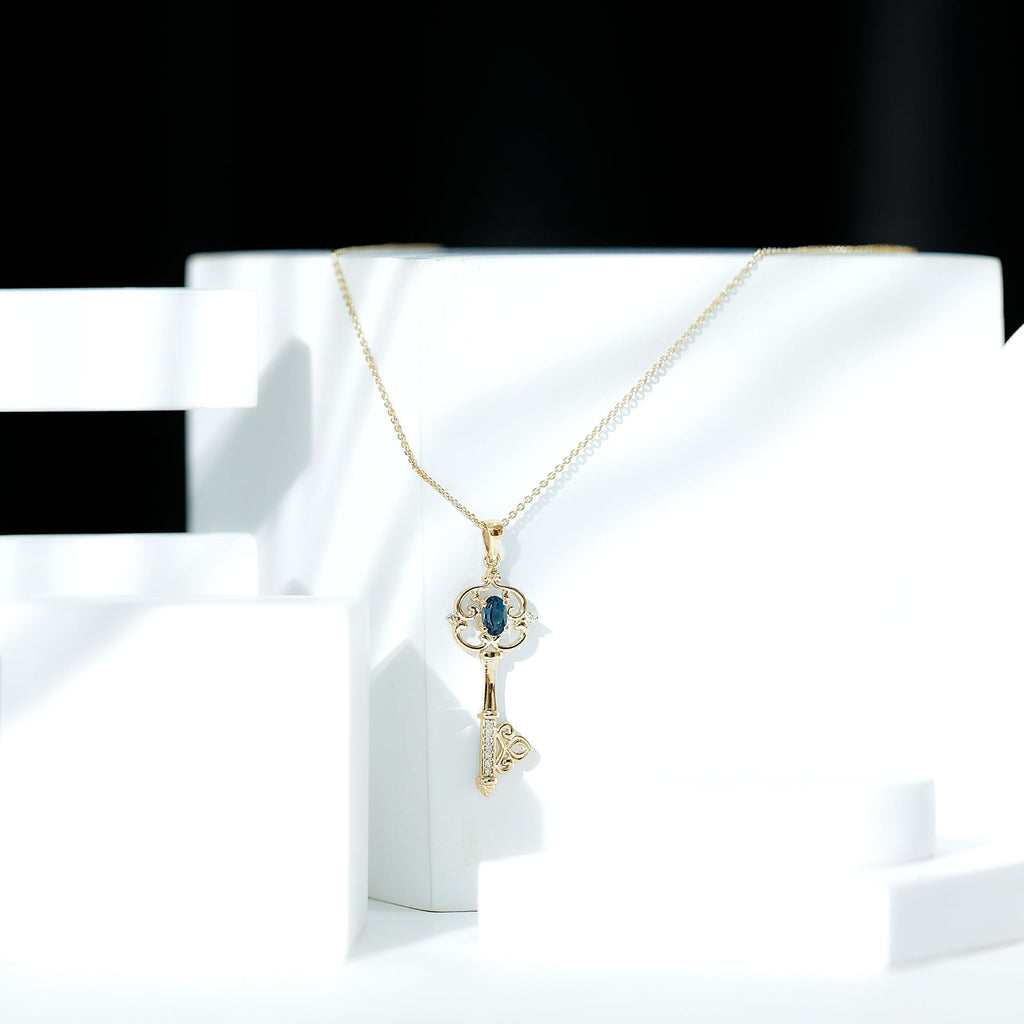 Vintage Key Necklace with London Blue Topaz and Diamond