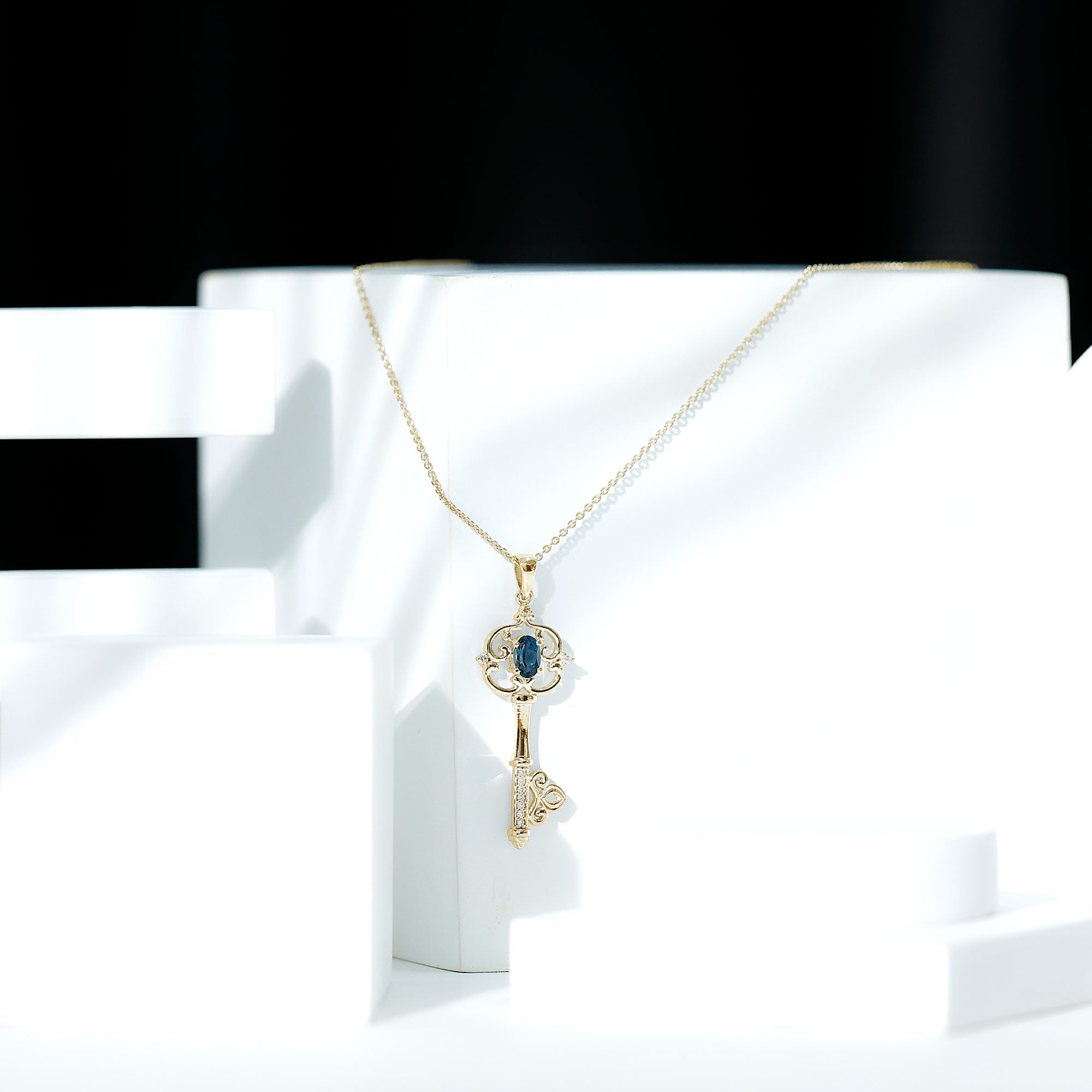 Vintage Key Necklace with London Blue Topaz and Diamond