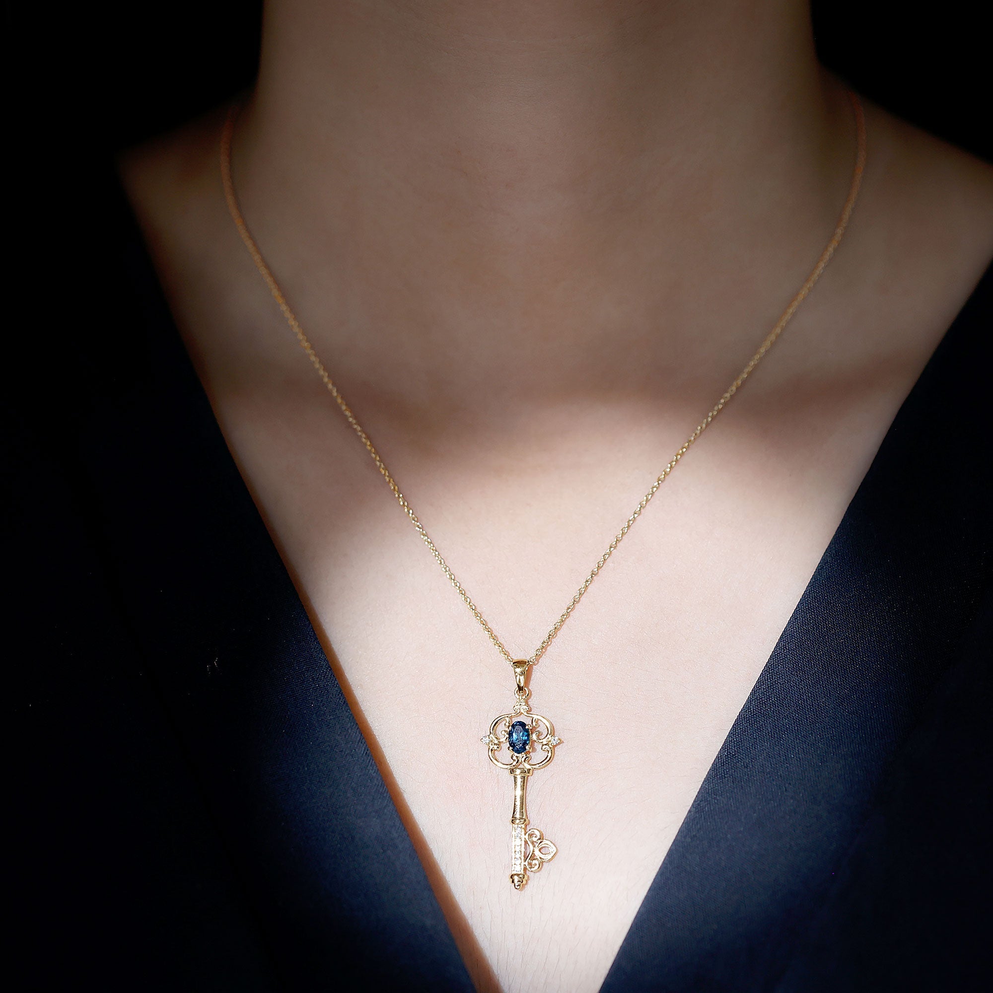 Vintage Key Necklace with London Blue Topaz and Diamond