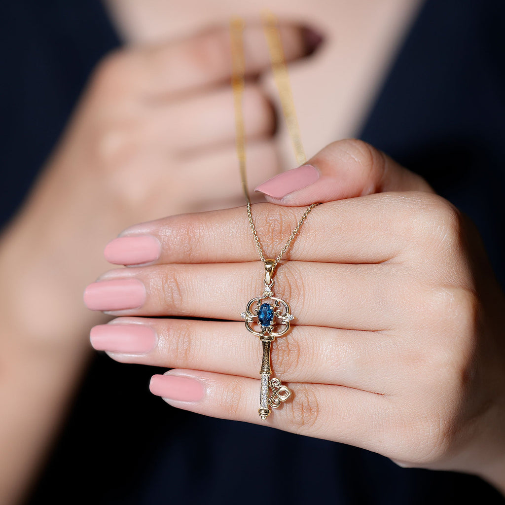 Vintage Key Necklace with London Blue Topaz and Diamond