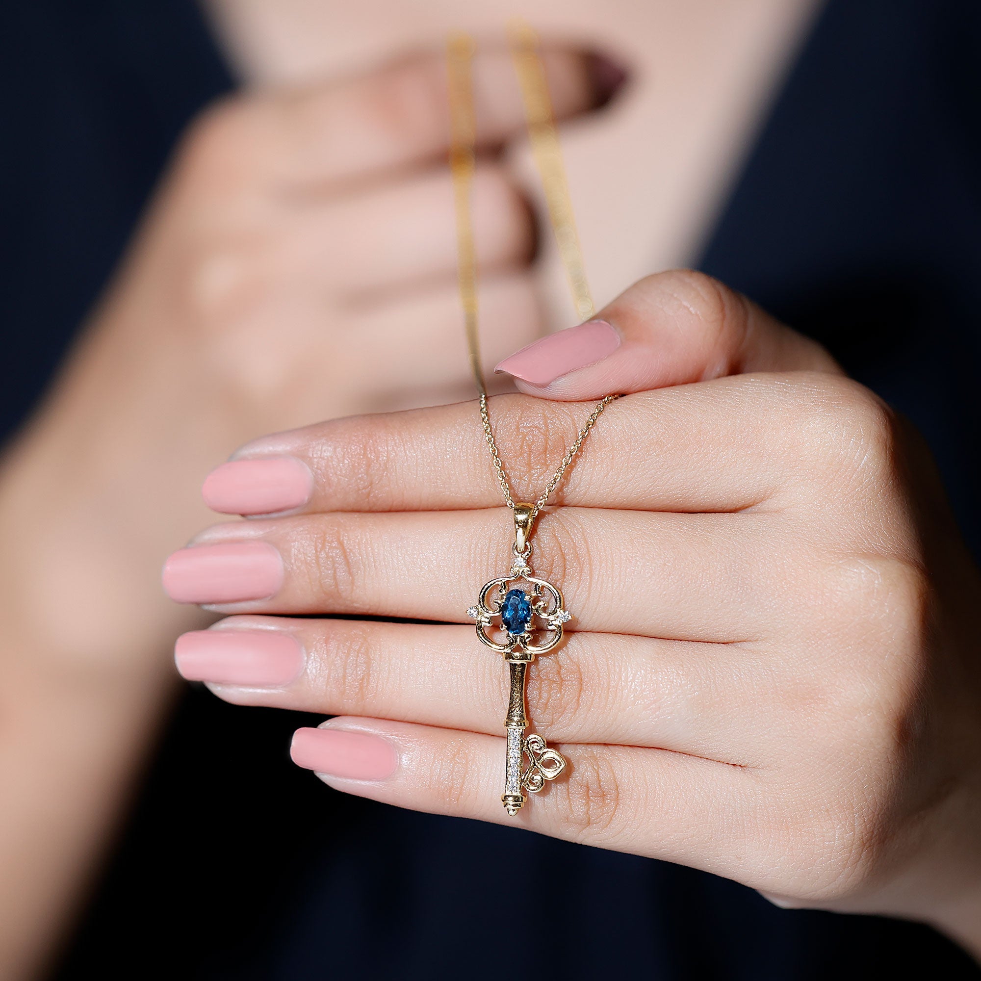 Vintage Key Necklace with London Blue Topaz and Diamond