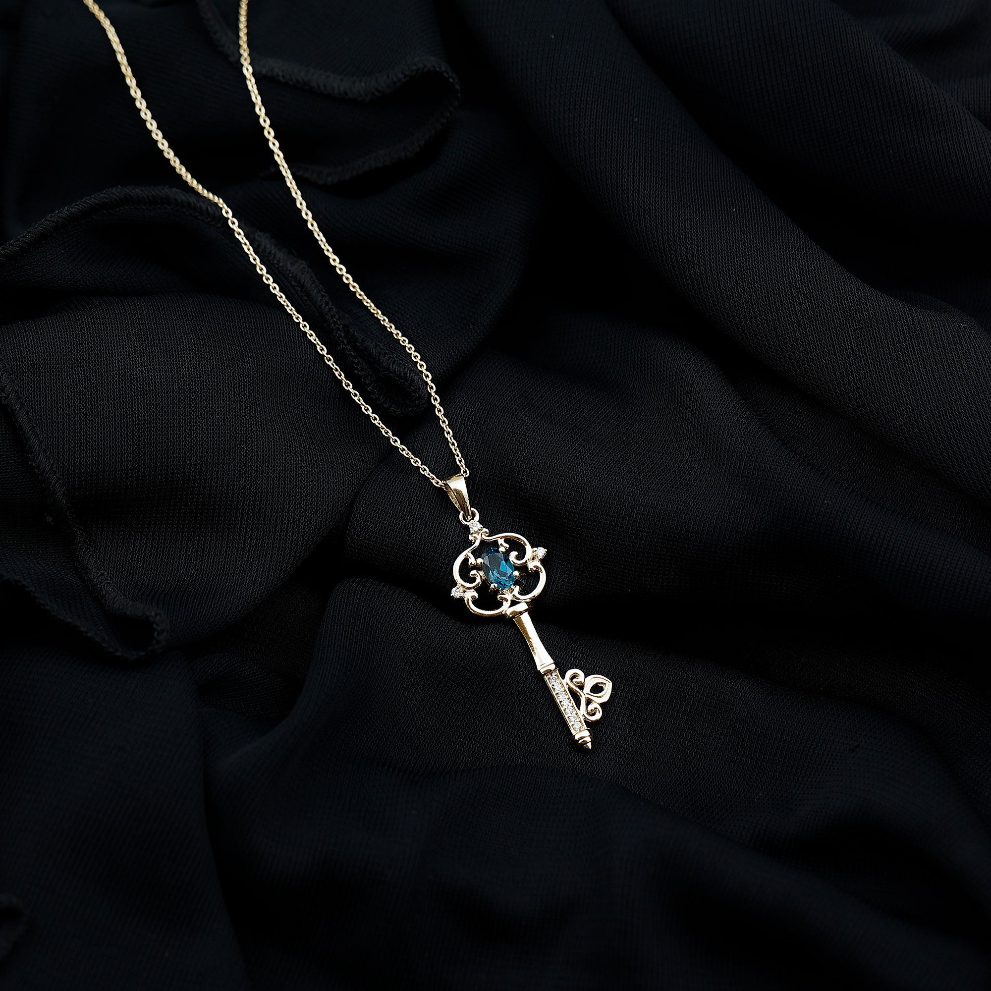 Vintage Key Necklace with London Blue Topaz and Diamond