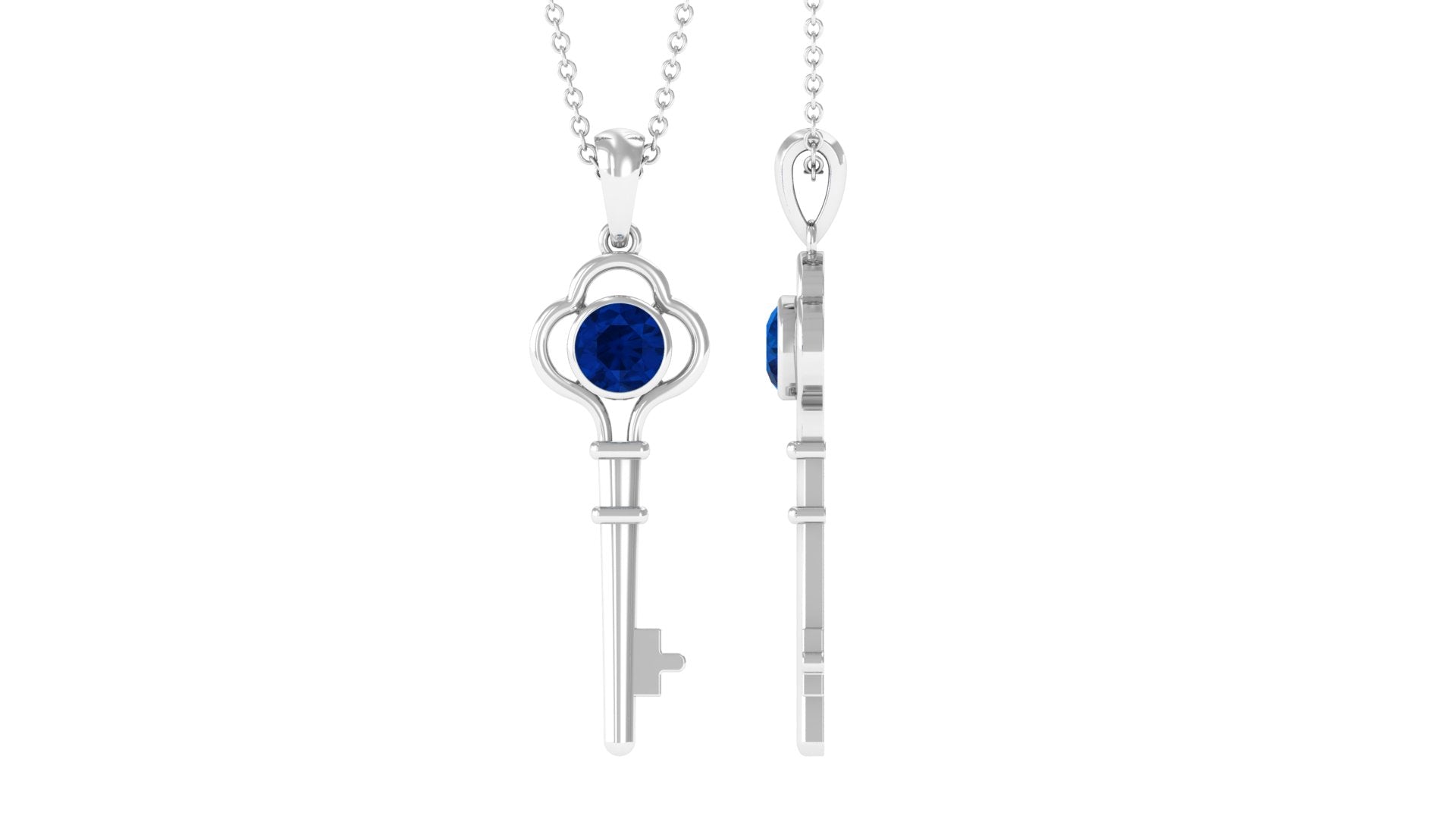Natural 1 Carat Blue Sapphire Key Pendant Necklace for Women