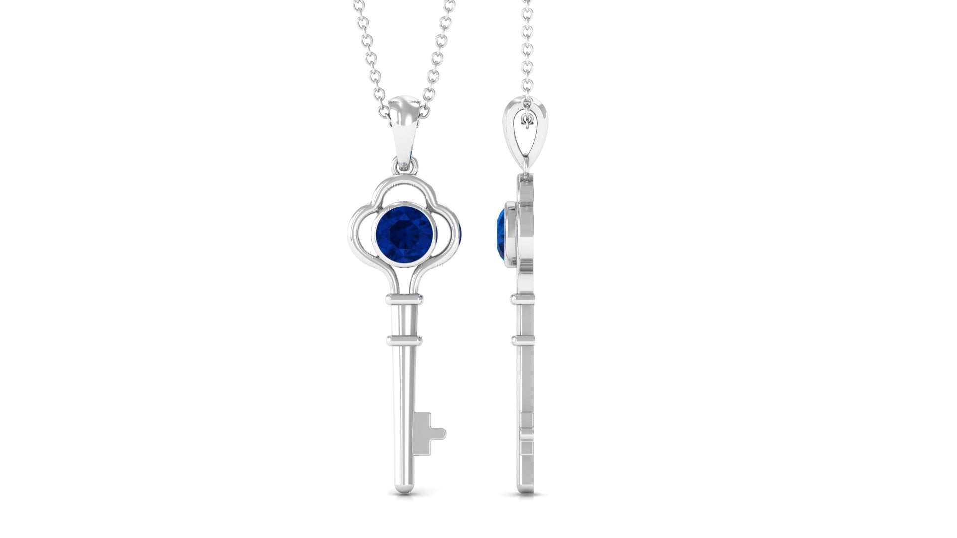 Natural 1 Carat Blue Sapphire Key Pendant Necklace for Women
