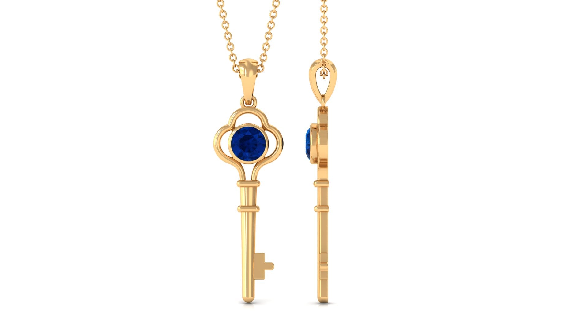 Natural 1 Carat Blue Sapphire Key Pendant Necklace for Women