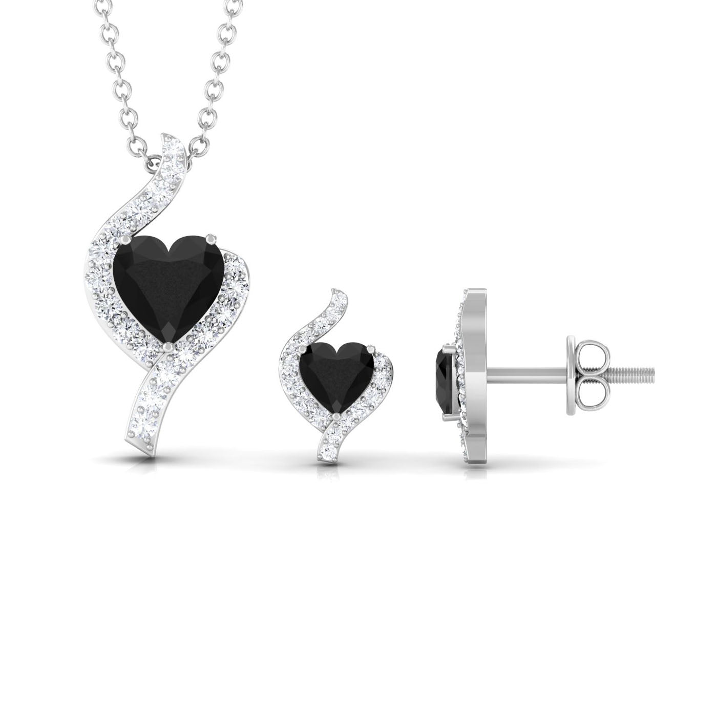 Real Black Onyx Heart Pendant Necklace and Earrings Set with Diamond