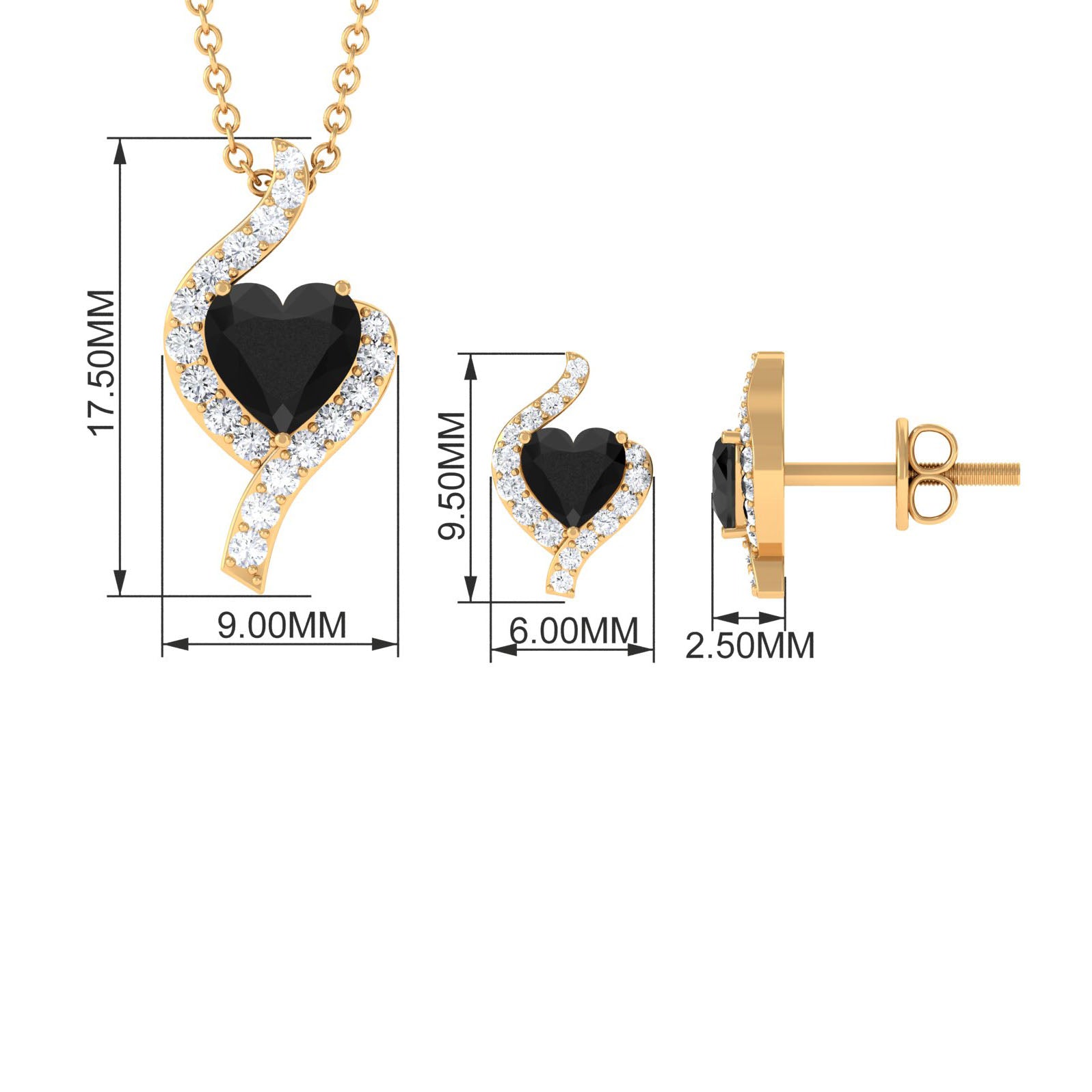 Real Black Onyx Heart Pendant Necklace and Earrings Set with Diamond
