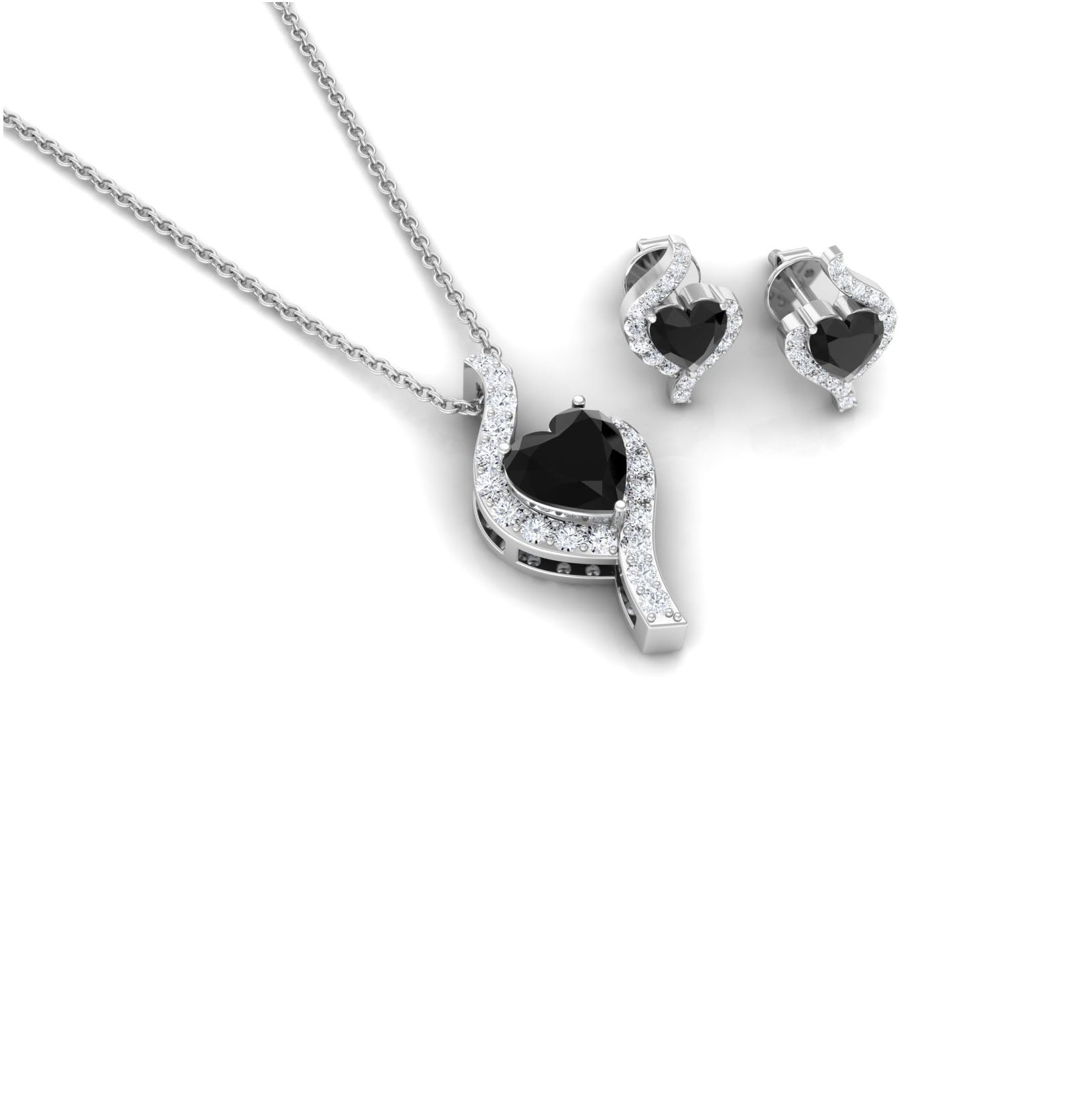 Real Black Onyx Heart Pendant Necklace and Earrings Set with Diamond